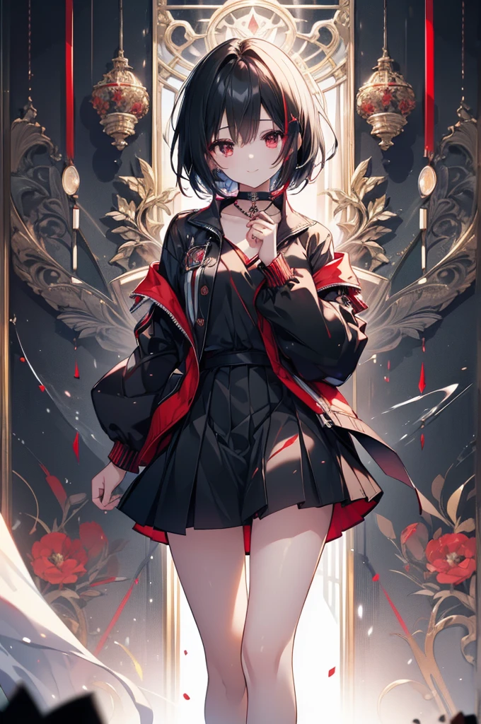 (masterpiece, highest quality, highest quality, (No text), Beautiful and aesthetic:1.2),No text,アニメ、BREAK,One Girl,Black Hair Girl short hair older sister choker Beautiful eyes Red eyes cool smile Red and Black Black jacket mini skirt whole body In town