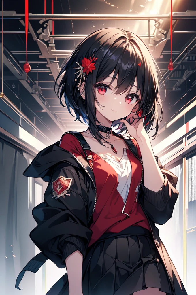 (masterpiece, highest quality, highest quality, (No text), Beautiful and aesthetic:1.2),No text,アニメ、BREAK,One Girl，Black Hair Girl　short hair　older sister　choker　Beautiful eyes　Red eyes　cool　smile　Red and Black　Black jacket　mini skirt　whole body　In town