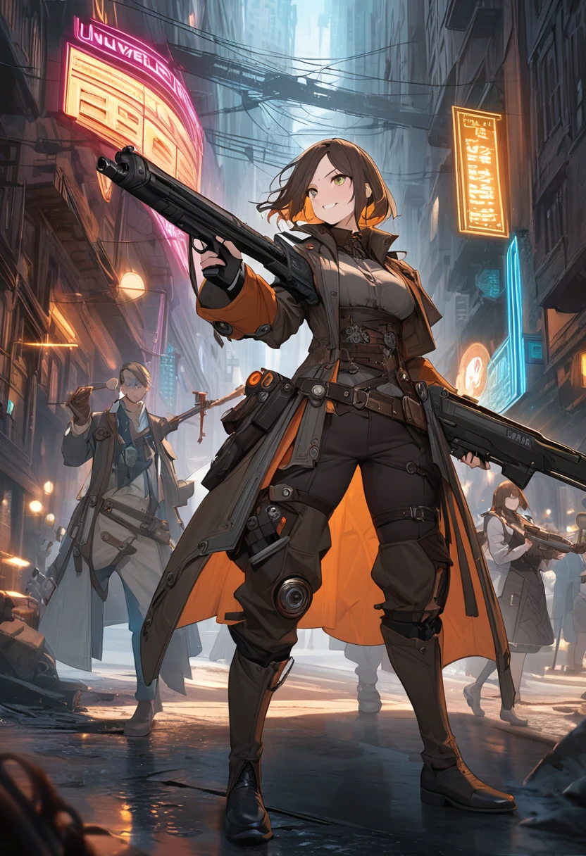 masterpiece, best quality, novel illustration, highres,
steampunk meets sf, neon lights, smoky atmosphere, hustle and bustle of the city, urban fantasy setting,
individualized style, unique design, customizable elements,
futuristic aesthetics, innovative textures, cutting-edge technology,
male protagonist, action-packed scenes, heroic pose, holding gun,
female lead, intriguing appearance, captivating eyes, alluring smile,
interaction between characters, dynamic duo, chemistry,
intimate moments, passionate scenes, intense emotions,
desirable qualities, enticing storytelling, compelling narrative,
highly immersive, engaging experience, memorable characters,
diverse audience, universal appeal, timeless classic.