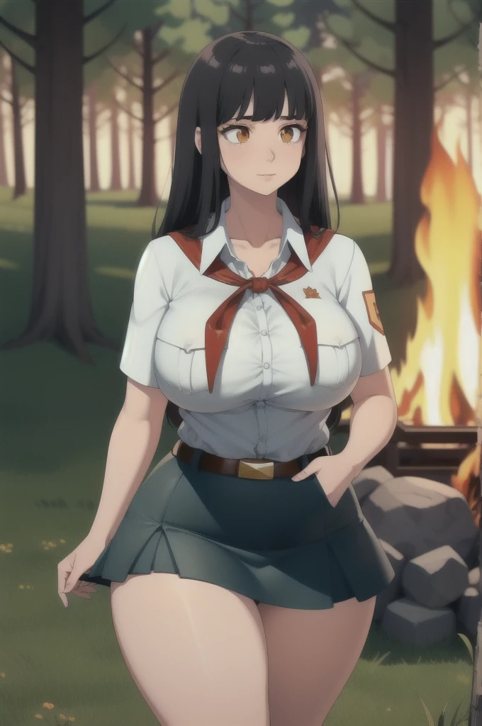 high quality, best quality, beautiful, perfect lighting, detailed face, ultra cute face, 1girl, solo, black hair, long hair, orange eyes, big breasts, large breats, huge breats, thick thighs, wind lift, outdoors, grass, field, forest, pioneer neckerchief, pioneer movement soviet pioneer, short skirt, blue skirt, bangs, shirt, collarbone, white shirt, short sleeves, collared shirt, belt, neckerchief, eyelashes, red neckerchief, pocket, breast pocket, night, forest, campfire,