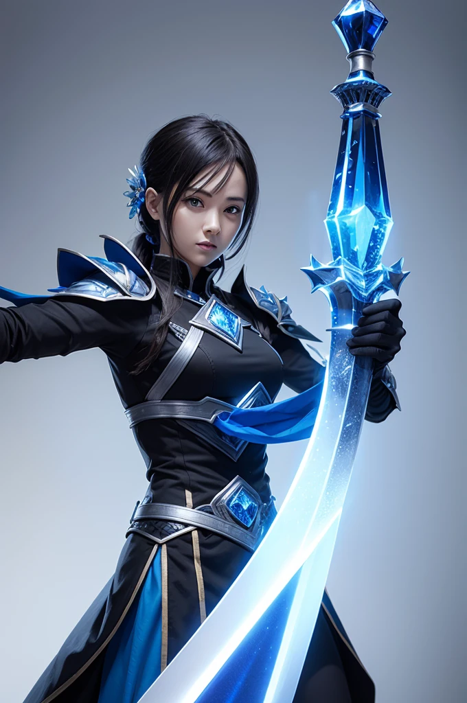 Magic sword with black handle and blue blade made of crystal