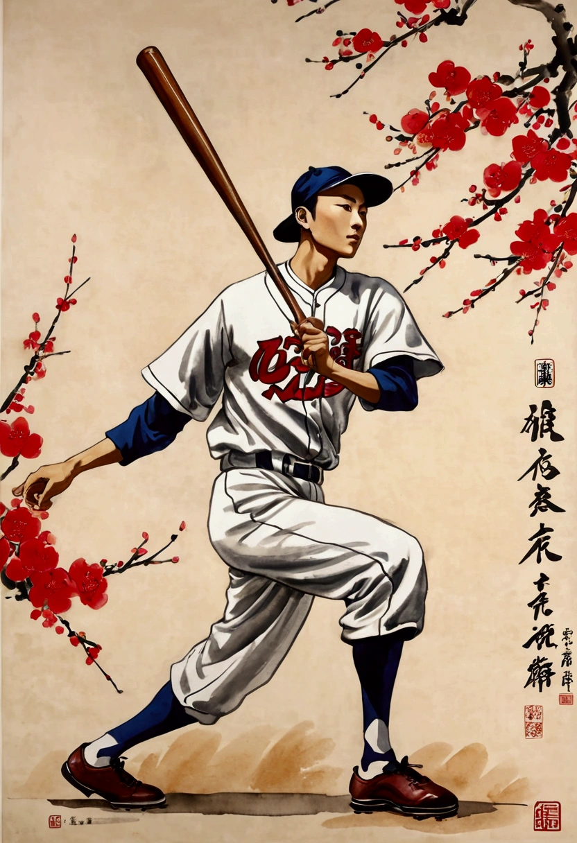 Baseball Player, by Qi Baishi and Chen Longque and Chen Dingbo, full body, cinematic still, cinemascope, best quality, masterpiece, very aesthetic, perfect composition, intricate details, ultra-detailed, vivid colors