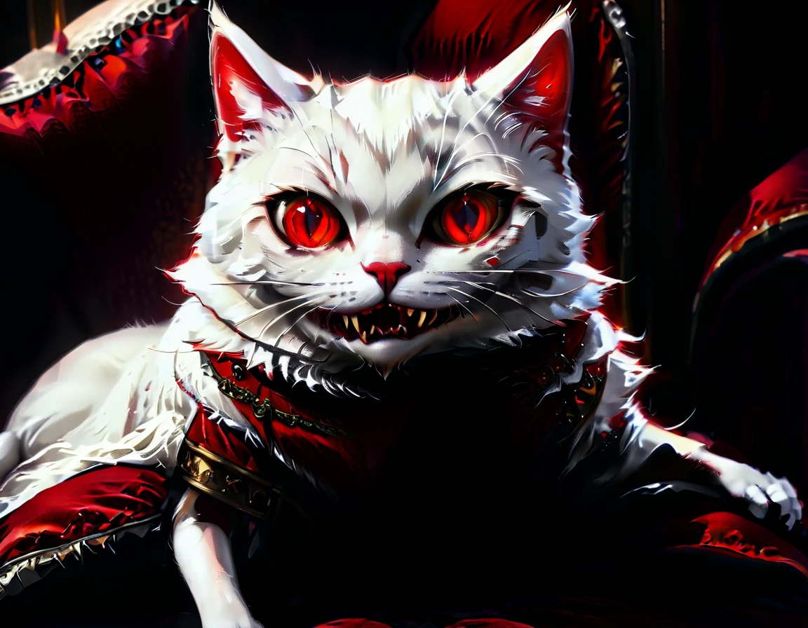 a portrait of vampiric cat, close up portrait of white cat with white fur, shiny fur, red glowing eyes, vampiric feline fangs, he has a red diamond collar, he sits on  a black velvet pillow, intricate detailed pillow, (full body shot: 1.3), dark fantasy library in the background, Ultra-high resolution, High Contrast, (masterpiece:1.5), (anatomically correct: 1.4), highest quality, Best aesthetics), best details, best quality, highres, ultra wide angle, 16k, [ultra detailed], masterpiece, best quality, (extremely detailed), Amber cat eyes, vampire teeth, gothichorrorAI