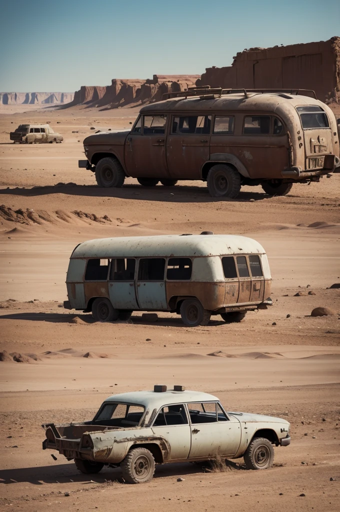 Post apocalyptic desert world with abandoned 50s style wagons