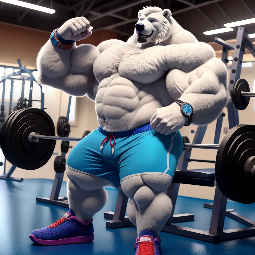 huge muscular polar bear dad in gymnasium center, big grin, polar bear, huge white fur, thick arm, huge arm, bearded. white hair and beard, bearded, (muscular, pectoral, wide pectoral, thick arms), gymnasium, barbell weight equipments, realistic, 8k, masterpiece, (wearing blue gym shorts, wristbands, watch and shirtless and topless, gym shoes)