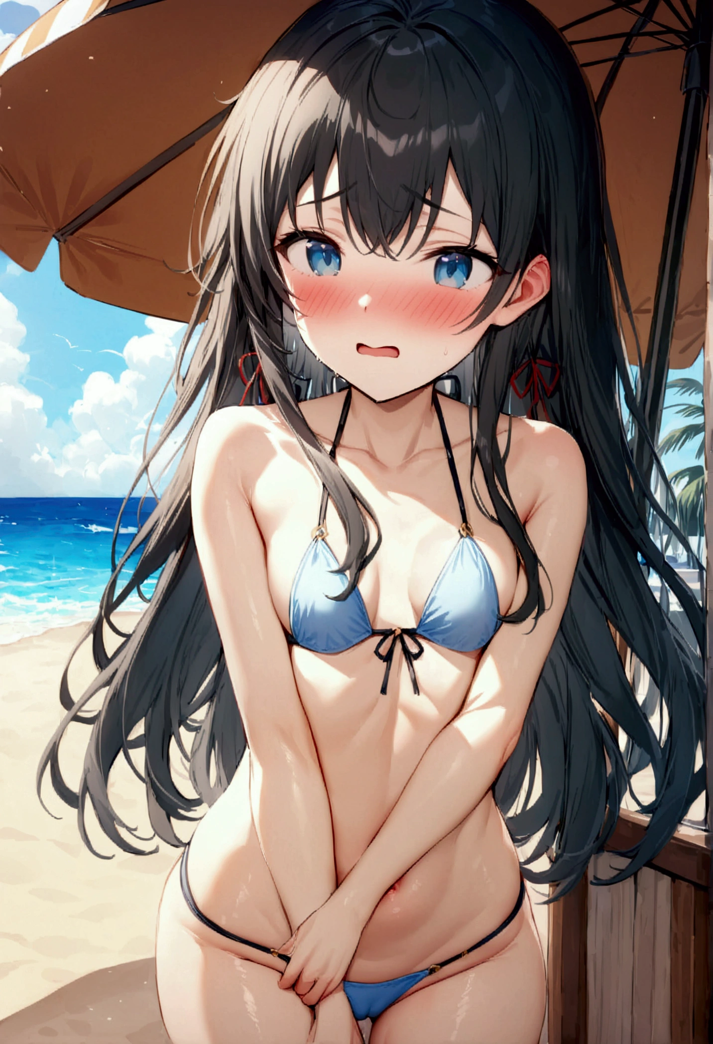 NSFW,masterpiece,Highest quality,High resolution,Super detailed,Yukinoshita Yukino\(My Youth Romantic Comedy is Wrong as Expected\),Black Hair,Long Hair,Light blue eyes,High quality sexy bikini,Halter neck,Small breasts,Embarrassed,blush,beach,Palm tree,Beach parasol,Beach House,(cheerful man),Pick up a girl,greet