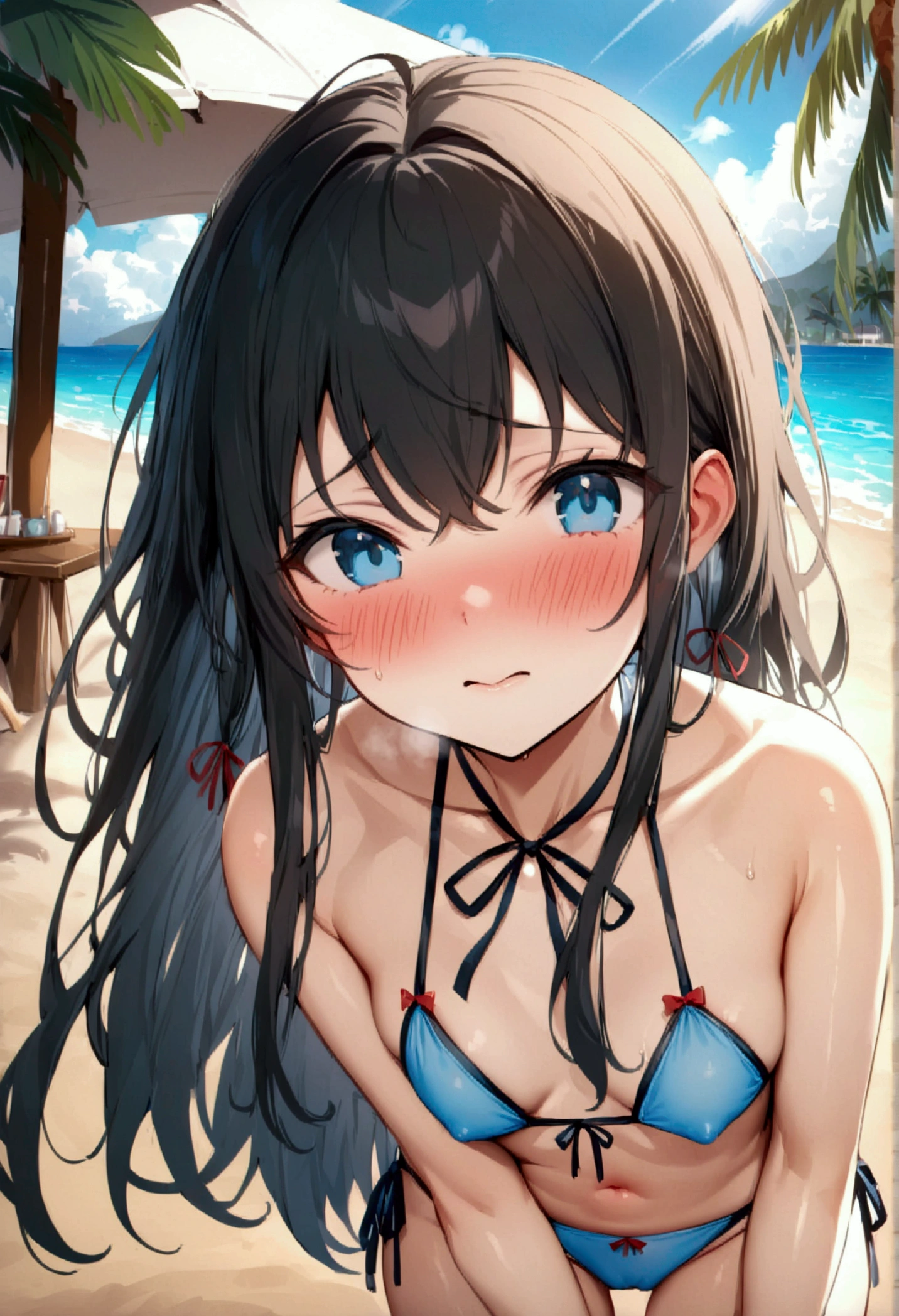 NSFW,masterpiece,Highest quality,High resolution,Super detailed,Yukinoshita Yukino\(My Youth Romantic Comedy is Wrong as Expected\),Black Hair,Long Hair,Light blue eyes,High quality y bikini,Halter neck,Small brebarrassed,blush,beach,Palm tree,Beach parasol,Beach House,(cheerful man),Pick up a girl,greet