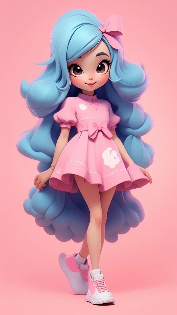 chibi baby 8k, highly detailed, beautiful girl, baby, chibi, , cover art, blue hair bow, brown long hair pink sleeve dress, white background,white shoes, balancing, optimistic