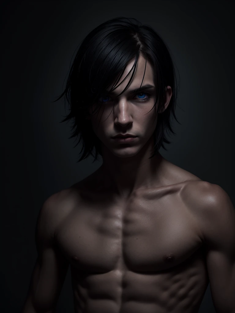 (best quality), 1boy, male, pale skin, black hair, short hair, tousled hair, messy bangs, bangs over eyes, blue eyes, perfect eyes, dark circles under eyes, lanky body, boyish, strong jawline, frown, attractive, goth boy, swim trunks, beach, masculine body, black nails, black earstuds, masterpiece, anatomically correct, highres
