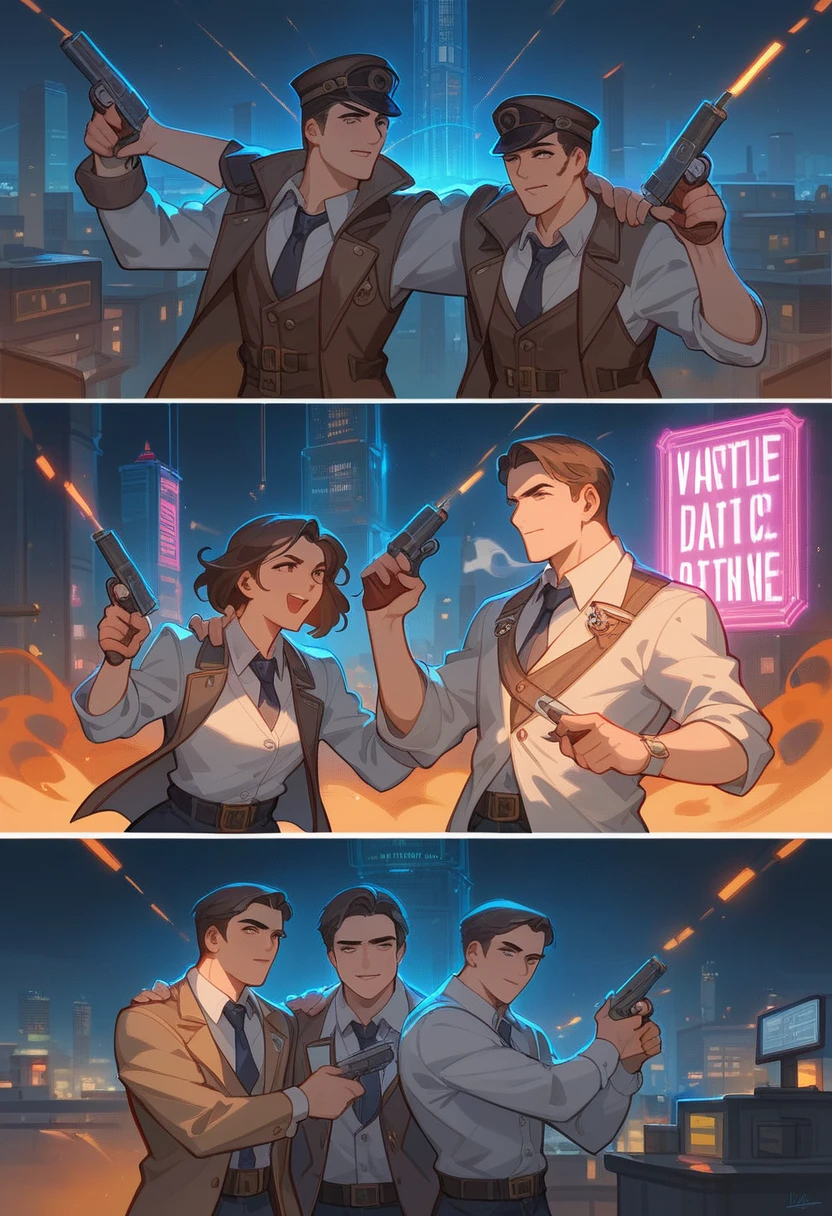 masterpiece, best quality, novel illustration, highres,
steampunk meets sf, neon lights, smoky atmosphere, hustle and bustle of the city, urban fantasy setting,
individualized style, unique design, customizable elements,
futuristic aesthetics, innovative textures, cutting-edge technology,
male protagonist, action-packed scenes, heroic pose, holding gun,
female lead, intriguing appearance, captivating eyes, alluring smile,
interaction between characters, dynamic duo, chemistry,
intimate moments, passionate scenes, intense emotions,
desirable qualities, enticing storytelling, compelling narrative,
highly immersive, engaging experience, memorable characters,
diverse audience, universal appeal, timeless classic.