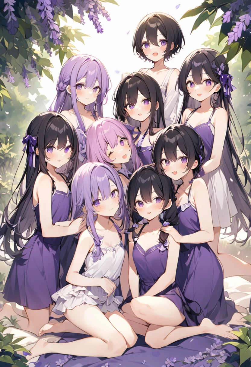 Keito。Black Hair。Purple Swimsuit。Purple Eyes。barefoot。7 people。Sistery eldest daughter has lavender hair.。all female。Seven siblings
