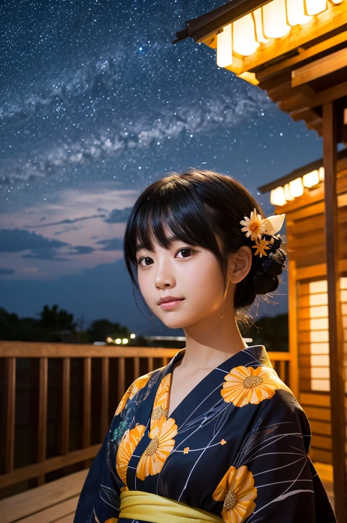 A girl with black hair in a yukata stands facing the starry night sky, her hair glowing orange in the sunlight.