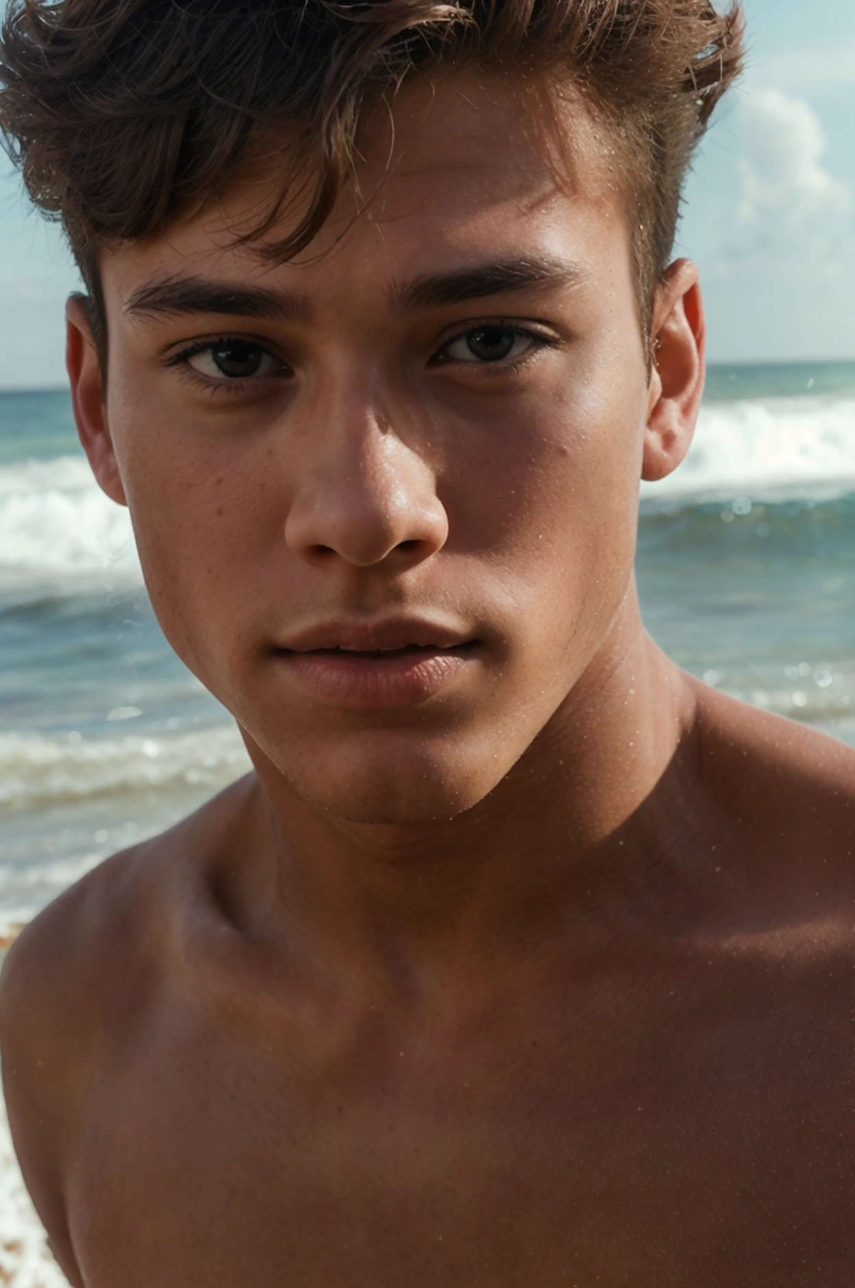 Realistic photo of solo handsome teenage men ,beach