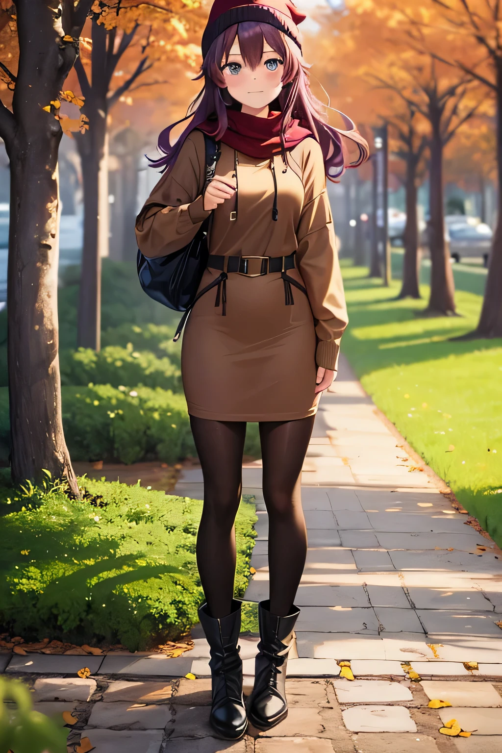 best quality, 1girl, beautiful woman looking at viewer blushing, brown hoodie, black midi pencil skirt, black beanie, leather boots, red scarf, full body, medium purple hair, wavy hair, garden, fall, tree, leaves