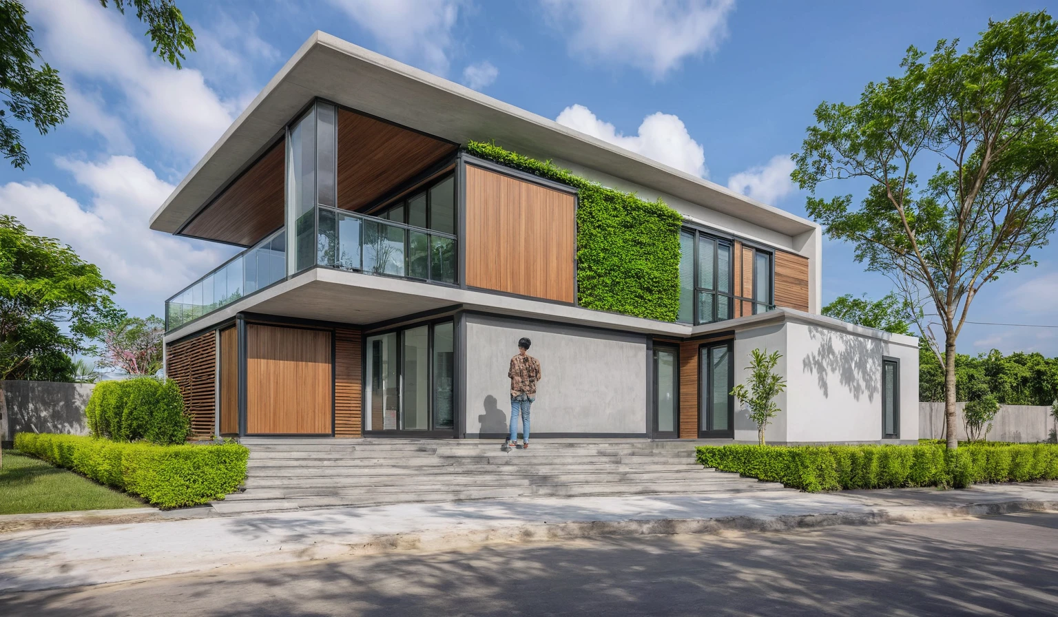ngoại thất townhouse, modern, townhouse, Cổng nhà modern, simplify, The house is located in Hanoi urban area, Vietnam, Gray concrete and wood walls, wooden ceiling, large glasses, phong cách modern simplify, Green shrubs and tropical plants background, large doors and windows, facing the road, plant, pavement, cây pavement, Corona Render, 3ds max , tầm nhìn rộng, (dawn), Sad foggy environment, sunny cinema, natural light