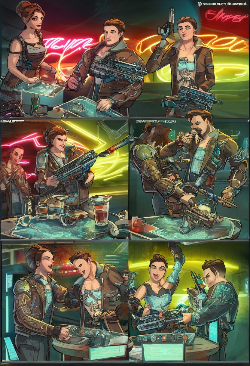 masterpiece, best quality, novel illustration, highres,
steampunk meets sf, neon lights, smoky atmosphere, hustle and bustle of the city, urban fantasy setting,
individualized style, unique design, customizable elements,
futuristic aesthetics, innovative textures, cutting-edge technology,
male protagonist, action-packed scenes, heroic pose, holding gun,
female lead, intriguing appearance, captivating eyes, alluring smile,
interaction between characters, dynamic duo, chemistry,
intimate moments, passionate scenes, intense emotions,
desirable qualities, enticing storytelling, compelling narrative,
highly immersive, engaging experience, memorable characters,
diverse audience, universal appeal, timeless classic.