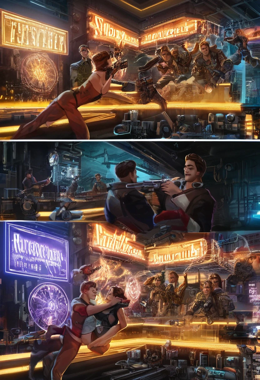 masterpiece, best quality, novel illustration, highres,
steampunk meets sf, neon lights, smoky atmosphere, hustle and bustle of the city, urban fantasy setting,
individualized style, unique design, customizable elements,
futuristic aesthetics, innovative textures, cutting-edge technology,
male protagonist, action-packed scenes, heroic pose, holding gun,
female lead, intriguing appearance, captivating eyes, alluring smile,
interaction between characters, dynamic duo, chemistry,
intimate moments, passionate scenes, intense emotions,
desirable qualities, enticing storytelling, compelling narrative,
highly immersive, engaging experience, memorable characters,
diverse audience, universal appeal, timeless classic.