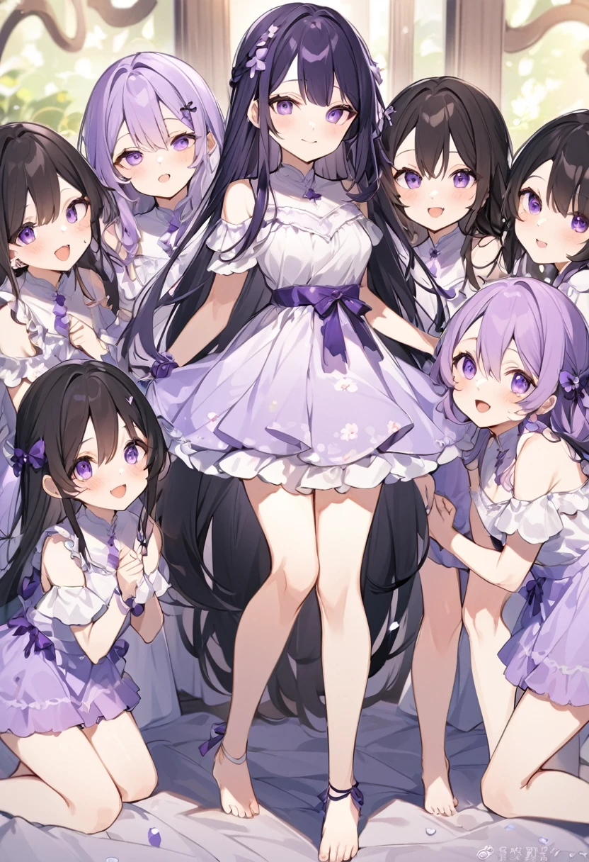 Keito。Black Hair。Purple Swimsuit。Purple Eyes。barefoot。7 Sistery eldest daughter has lavender hair.。all female。Seven siblings
