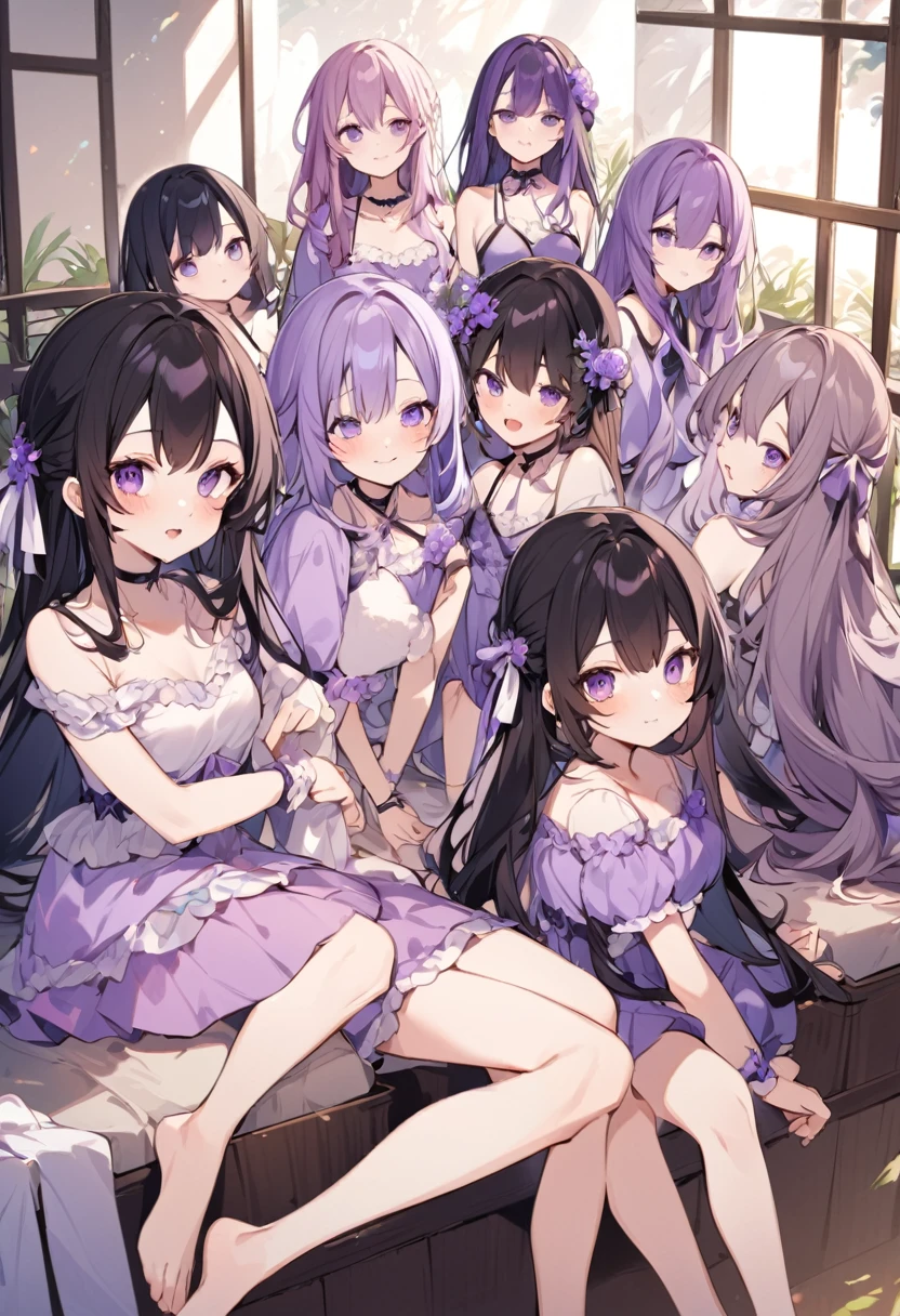 Keito。Black Hair。Purple Swimsuit。Purple Eyes。barefoot。7 Sistery eldest daughter has lavender hair.。all female。Seven siblings