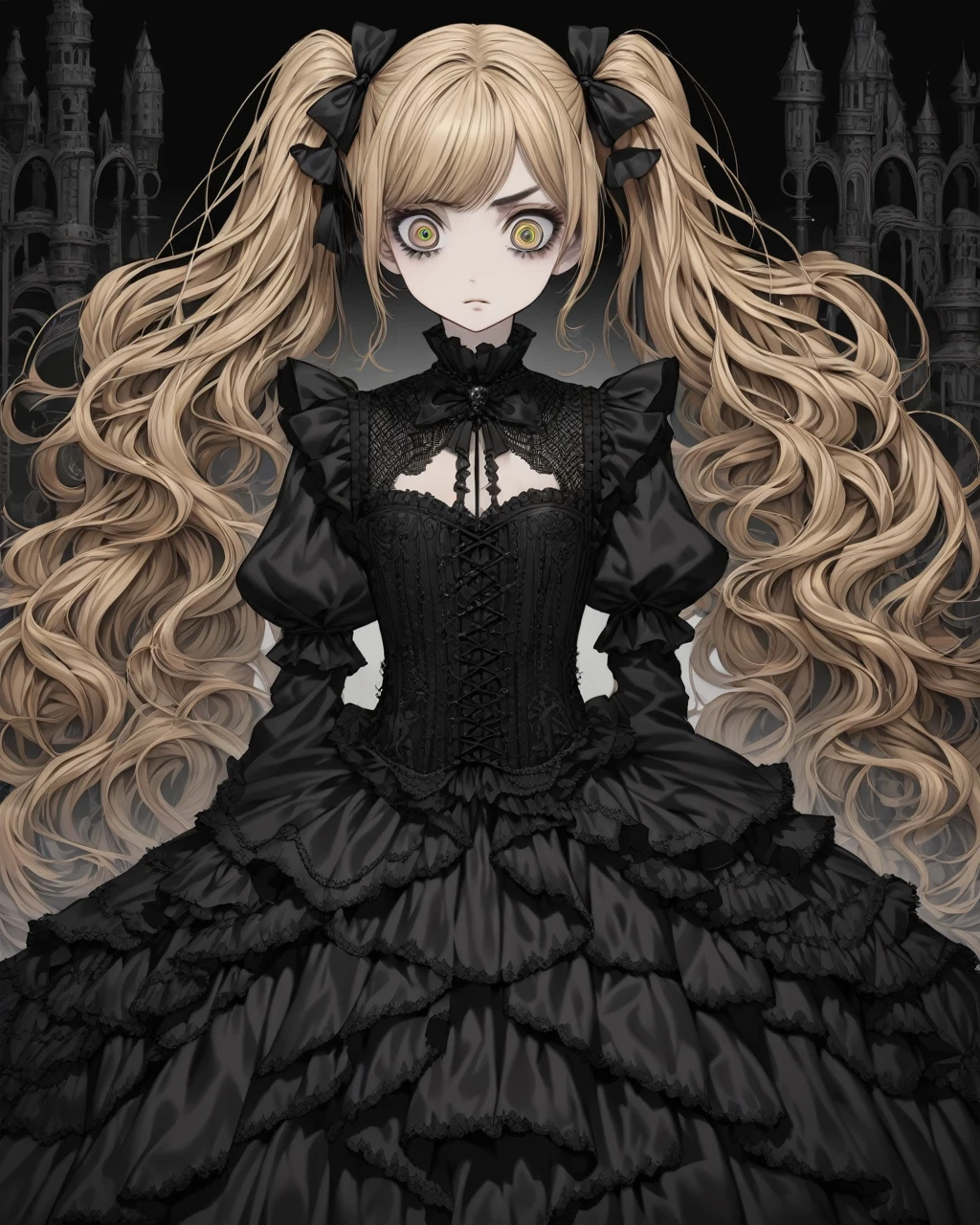 A highly detailed, anime-style illustration of a young girl with a gothic ta fashion. She has long, wavy blonde hair styled in twin tails with large black bows. Her expression is serious and slightly melancholic, with big, expressive eyes and light makeup. She wears an elaborate black lace dress with intricate details, including ruffles, bows, and corset-like lacing on the bodice. The dress features puffed sleeves and layers of fabric, giving it a voluminous look. The background is plain, highlighting her elegant and gothic appearance."