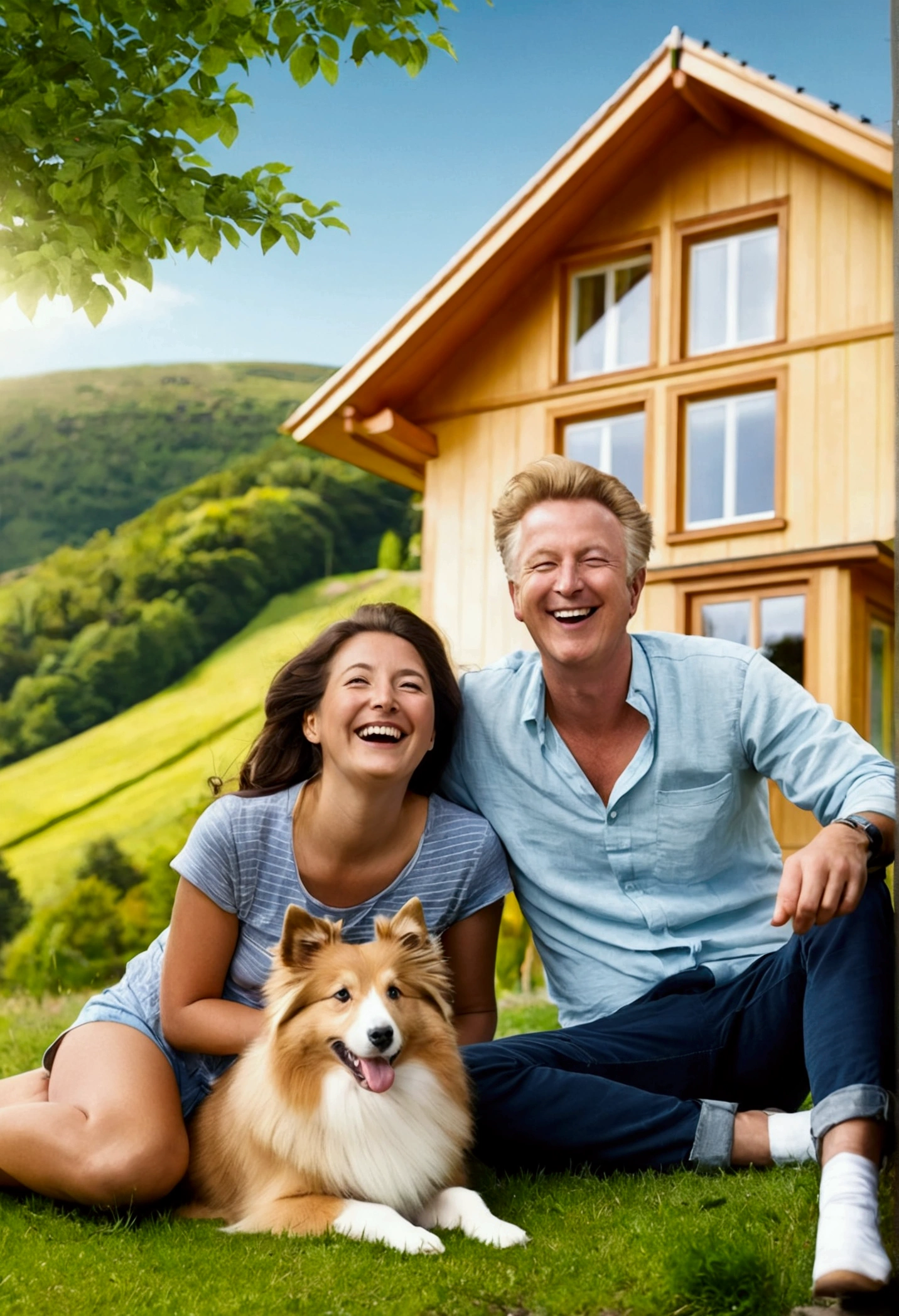 happy woman and man resting in front of a modern cottage surrounded by trees and hills in the background. Next to the people is a golden Shetland sheepdog laughing at the camera. The image radiates an atmosphere of relaxation and well-being. Bright summer sunny day.
Waiting for startup