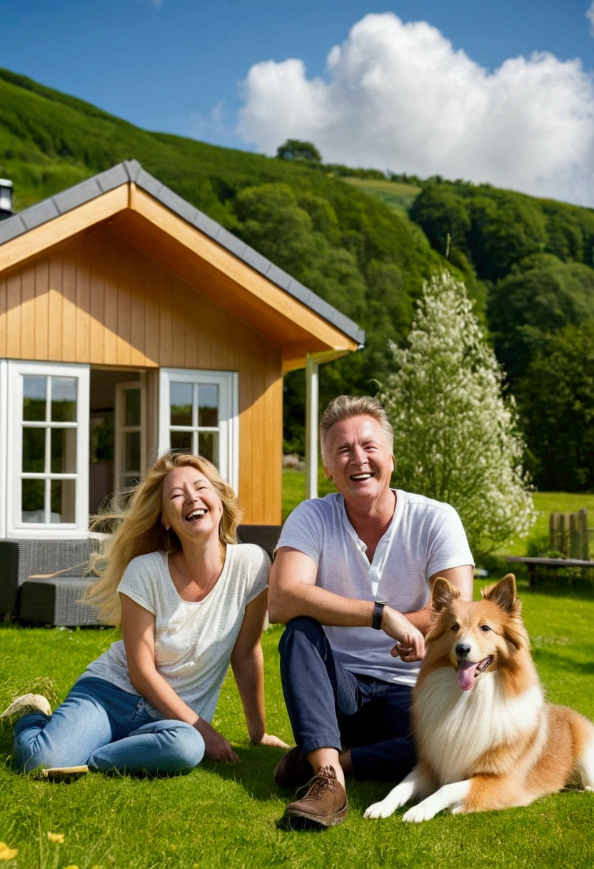 happy woman and man resting in front of a modern cottage surrounded by trees and hills in the background. Next to the people is a golden Shetland sheepdog laughing at the camera. The image radiates an atmosphere of relaxation and well-being. Bright summer sunny day.
Waiting for startup