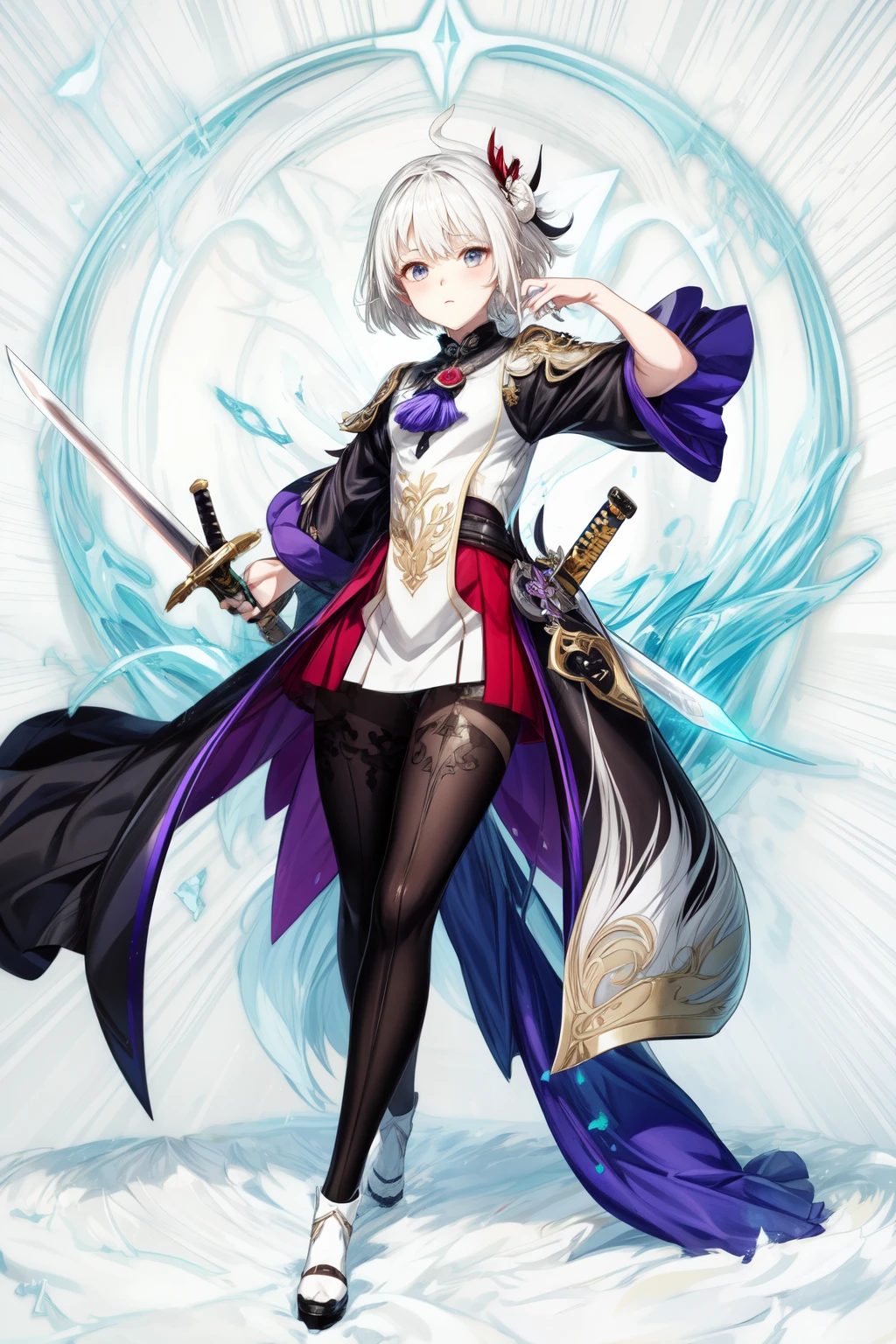 1girl, woman, (albino:1.4), (short_grey_hair:1.3), black and violet suit, (has_a_sword:1.4), pale, has grey eyes, slim and skinny, anime art style, genshin impact style, genshin splash art, epic pose, white background, masterpiece, full body, best quality, 16k, cinematic light, right face, right anatomy, well drawn