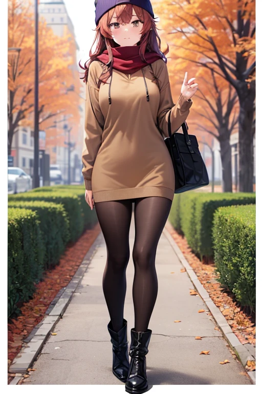 best quality, 1girl, beautiful woman looking at viewer blushing, brown hoodie, black midi pencil skirt, black beanie, leather boots, red scarf, full body, medium purple hair, wavy hair, garden, fall, tree, leaves