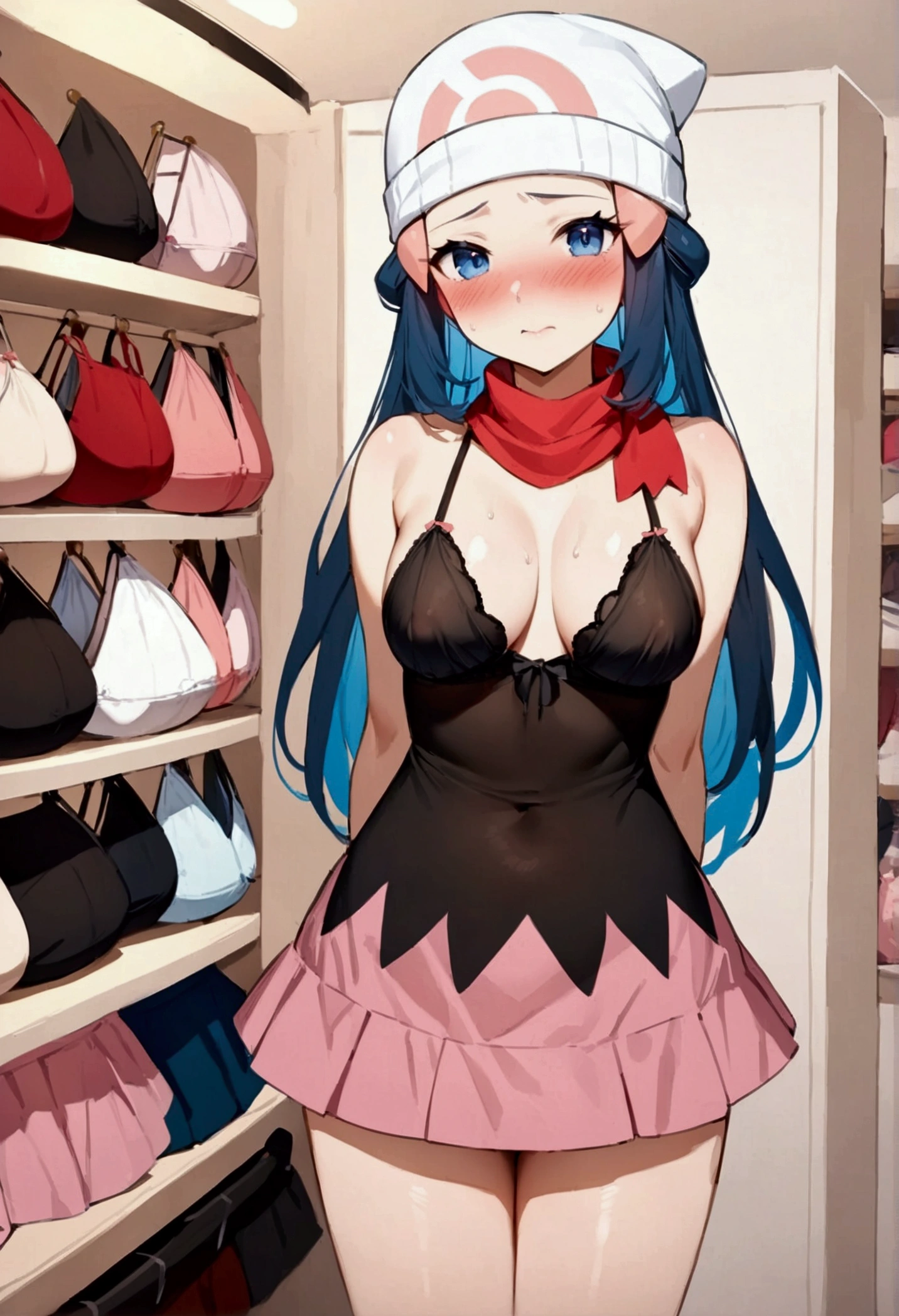 NSFW,masterpiece,Highest quality,High resolution,Super detailed,dawn_\(pokemon\),blue eyes, Blue Hair, Long Hair, Side Lock, Hair Clip, Beanie, Black Dress, No sleeve, Pink Skirt, scarf,Embarrassed,blush,Lingerie Shop,(Underwear section),Luxury stores