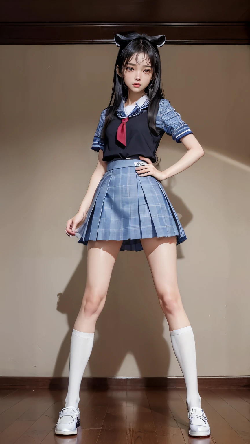 ((masterpiece)),(((最high quality))),(((((A full-body shot of a girl from floor height:1.7))))),((Photograph the whole body from knee height:1.6)),((((((Stand up straight with your legs together:1.9)))))),((Thin thighs)),((Long legs)),(((Girl standing in a school classroom:1.7))),(((Micro Mini Skirt Uniform:1.6))),((tall:1.8)),((Japanese high school girls wearing summer uniforms:1.8)),((Wearing a red tie:1.4)),Wearing a short-sleeved white shirt,Her erect nipples are clearly visible under her clothes,(Blue checked micro mini skirt:1.2),(:1.3),bangs,A small smile,((cute女の子)),Slender girl,Black Loafers,Short white socks up to the ankles,cute,The thighs below the groin are slim and firm,cute,Black hair ponytail,Thin legs,スリムなModel Body Type,Very small waist,Small hips,long thighs,Thin thighs,Thin hands,Long hands,((((Photograph the whole body from below:1.5)))),(((((k-popのIVEのWONYOUNGにそっくりの女の子:1.9))))),((Face your whole body straight ahead:1.8)),((tall:1.4)),(Stand with your legs straight and without bending your knees:1.7),((Stand up straight:1.7)),((Keep your hips facing forward:1.7)),The ankles are super thin,Beauty,Fine skin,Firm skin,引き締まったThin legsの肌を細部までリアルに再現,Super detailed, High detail,high quality,Awards,High resolution,(Anatomically correct:1.3),(8K,Raw photo,最high quality,masterpiece:1.5),(((Photographing a girl&#39;s whole body from below))),(((She is taking a photo alongside three other girls from her class.:1.5))),3人ともスリムでcute,Height 173cm,((Stand up straight with your legs together:1.7)),((Stand up straight without bending your knees:1.7)),((Stand up straight with your feet shoulder-width apart:1.5)),((Stand up straight in a relaxed position:1.7)),(((Keep your spine straight:1.8))),((Face forward:1.2)),8頭身Beauty,Model Body Type,((Inseam is half the height:1.3)),Thin thighs,((k-popのIVEのWONYOUNGにそっくりの女の子:1.5))