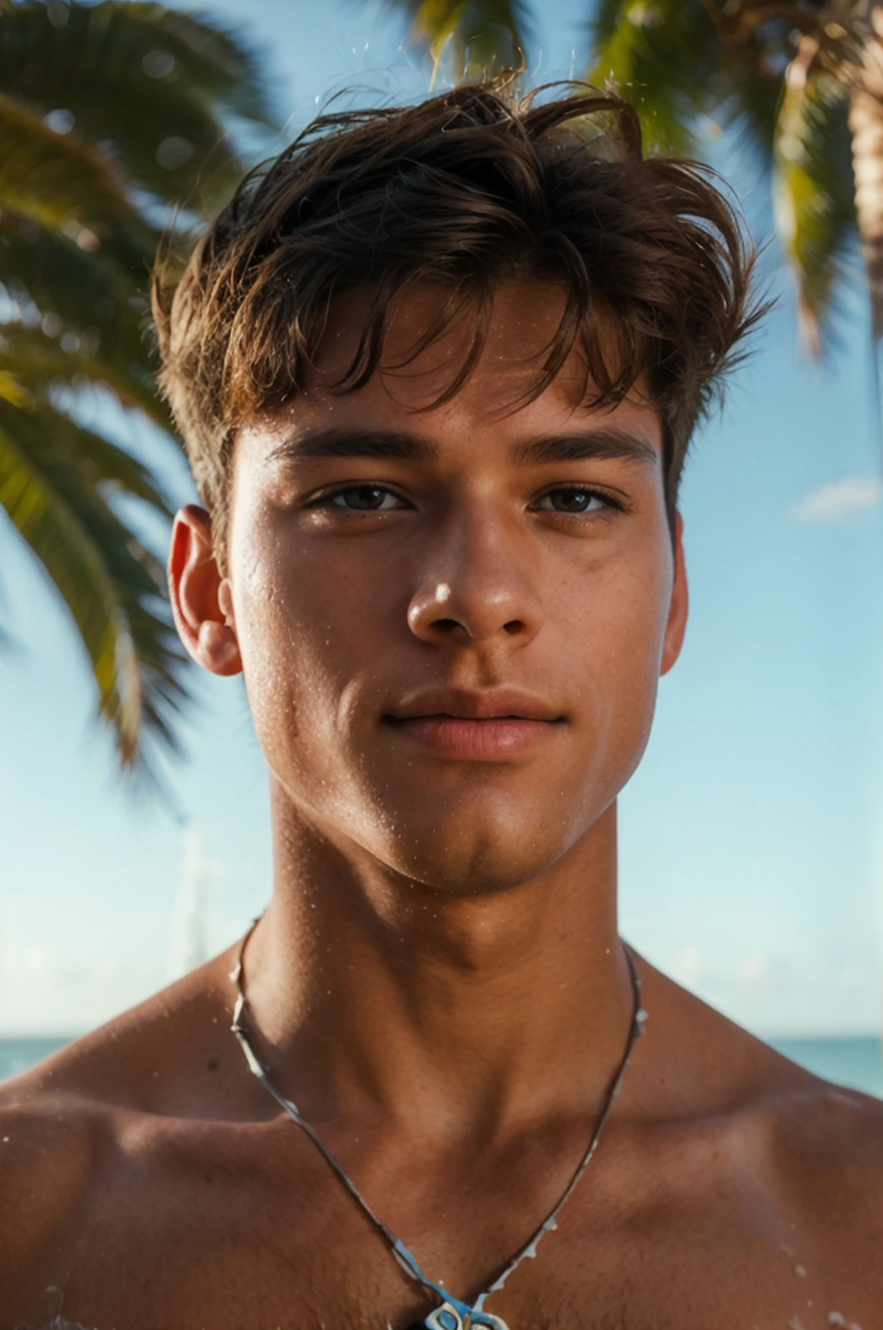Realistic photo of solo handsome teenage men ,beach