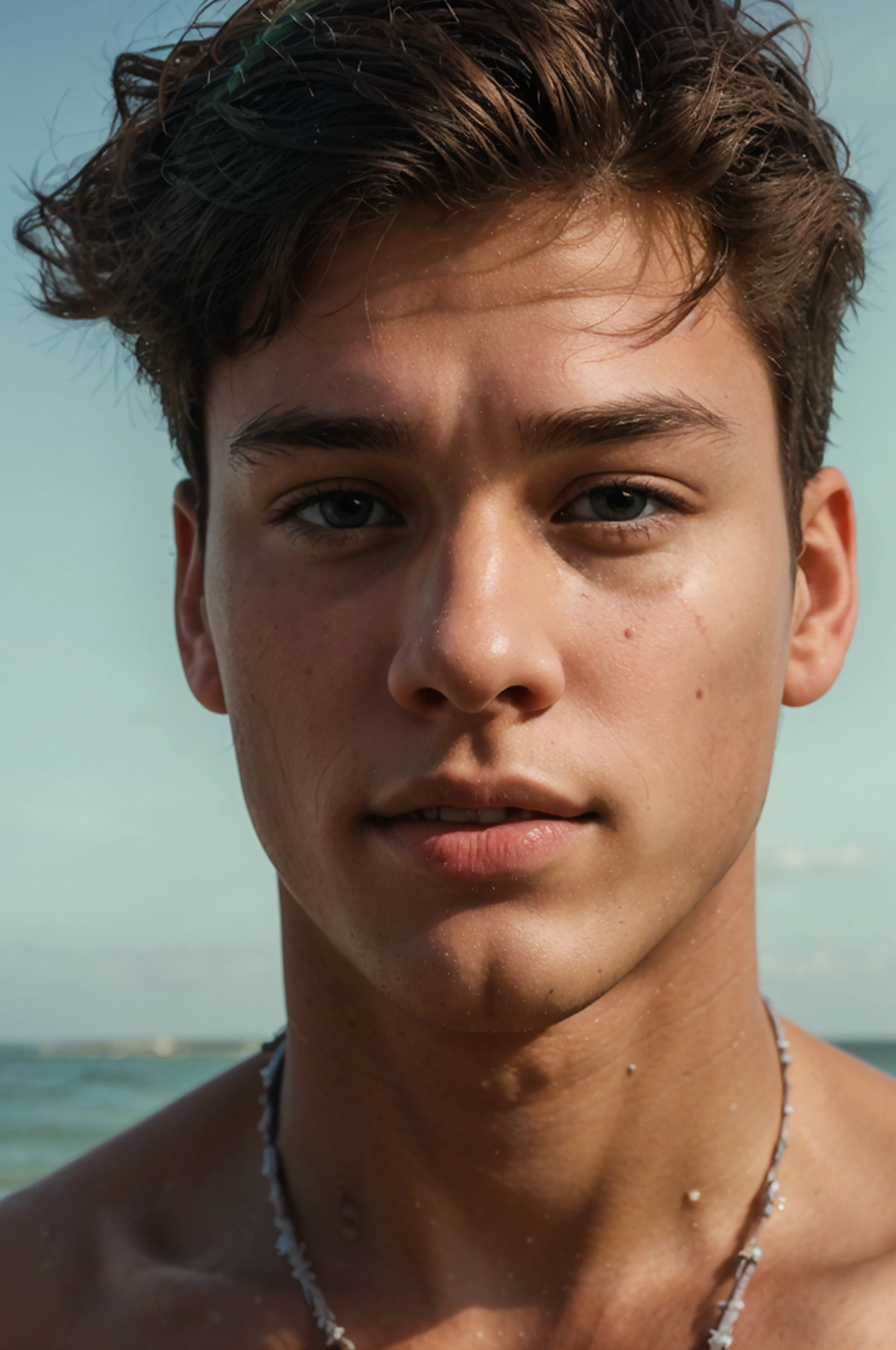 Realistic photo of solo handsome teenage men ,beach