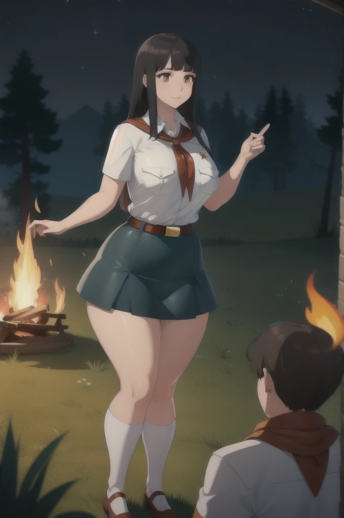 high quality, best quality, beautiful, perfect lighting, detailed face, ultra cute face, 1girl, solo, black hair, long hair, orange eyes, big breasts, large breats, huge breats, thick thighs, wind lift, outdoors, grass, field, forest, pioneer neckerchief, pioneer movement soviet pioneer, short skirt, blue skirt, bangs, shirt, collarbone, white shirt, short sleeves, collared shirt, belt, neckerchief, eyelashes, red neckerchief, pocket, breast pocket, night, forest, campfire,