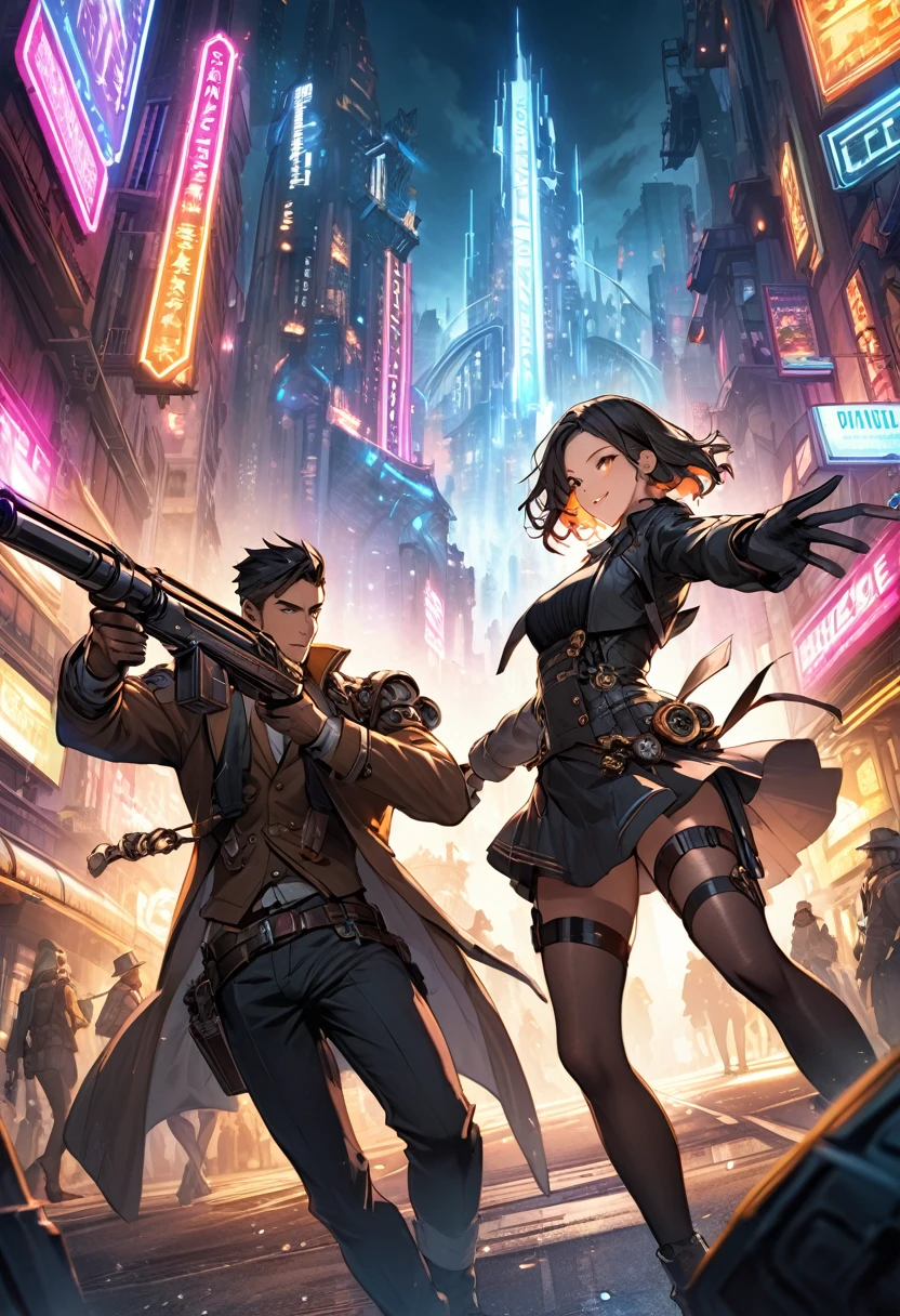 masterpiece, best quality, novel illustration, highres, 
steampunk meets sf, neon lights, smoky atmosphere, hustle and bustle of the city, urban fantasy setting, 
individualized style, unique design, customizable elements, 
futuristic aesthetics, innovative textures, cutting-edge technology, 
male protagonist, action-packed scenes, heroic pose, holding gun, 
female lead, intriguing appearance, captivating eyes, alluring smile, 
interaction between characters, dynamic duo, chemistry, 
intimate moments, passionate scenes, intense emotions, 
desirable qualities, enticing storytelling, compelling narrative, 
highly immersive, engaging experience, memorable characters, 
diverse audience, universal appeal, timeless classic. 