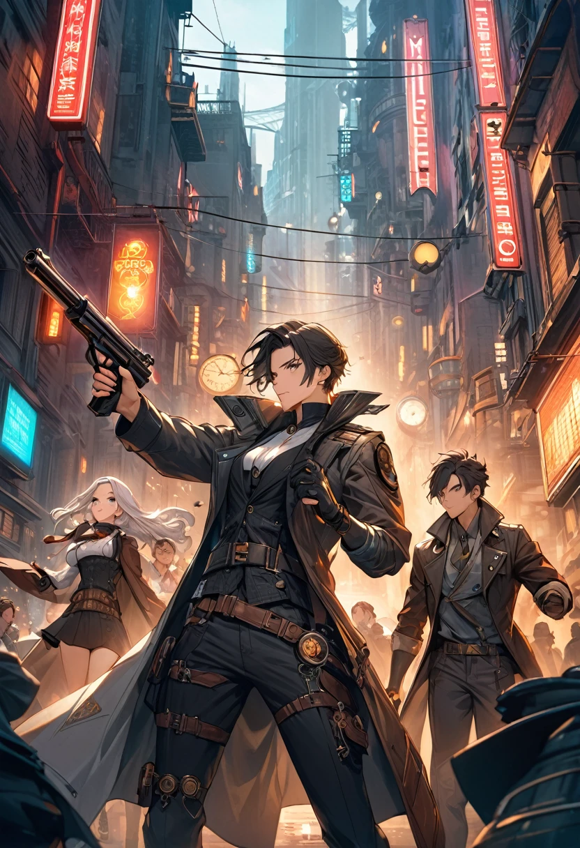 masterpiece, best quality, novel illustration, highres,
steampunk meets sf, neon lights, smoky atmosphere, hustle and bustle of the city, urban fantasy setting,
individualized style, unique design, customizable elements,
futuristic aesthetics, innovative textures, cutting-edge technology,
male protagonist, action-packed scenes, heroic pose, holding gun,
female lead, intriguing appearance, captivating eyes, alluring smile,
interaction between characters, dynamic duo, chemistry,
intimate moments, passionate scenes, intense emotions,
desirable qualities, enticing storytelling, compelling narrative,
highly immersive, engaging experience, memorable characters,
diverse audience, universal appeal, timeless classic.