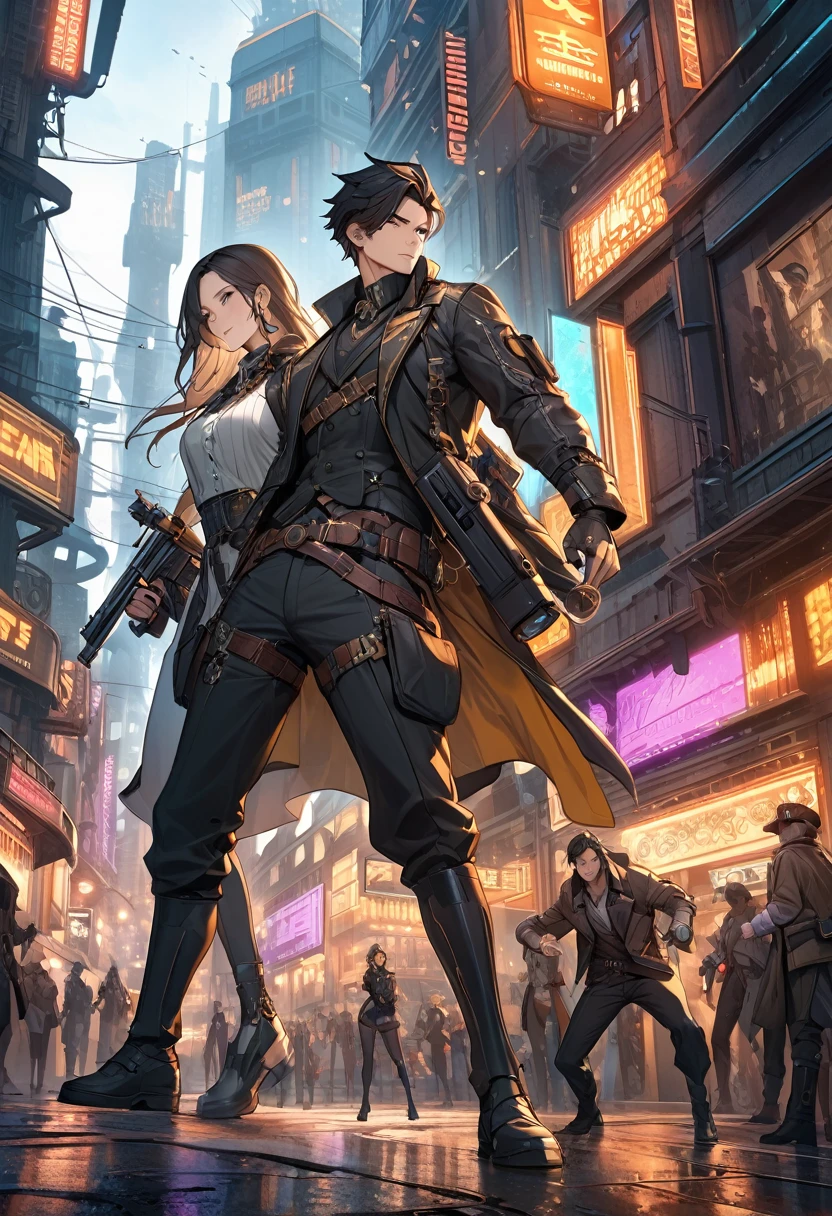 masterpiece, best quality, novel illustration, highres, 
steampunk meets sf, neon lights, smoky atmosphere, hustle and bustle of the city, urban fantasy setting, 
individualized style, unique design, customizable elements, 
futuristic aesthetics, innovative textures, cutting-edge technology, 
male protagonist, action-packed scenes, heroic pose, holding gun, 
female lead, intriguing appearance, captivating eyes, alluring smile, 
interaction between characters, dynamic duo, chemistry, 
intimate moments, passionate scenes, intense emotions, 
desirable qualities, enticing storytelling, compelling narrative, 
highly immersive, engaging experience, memorable characters, 
diverse audience, universal appeal, timeless classic. 