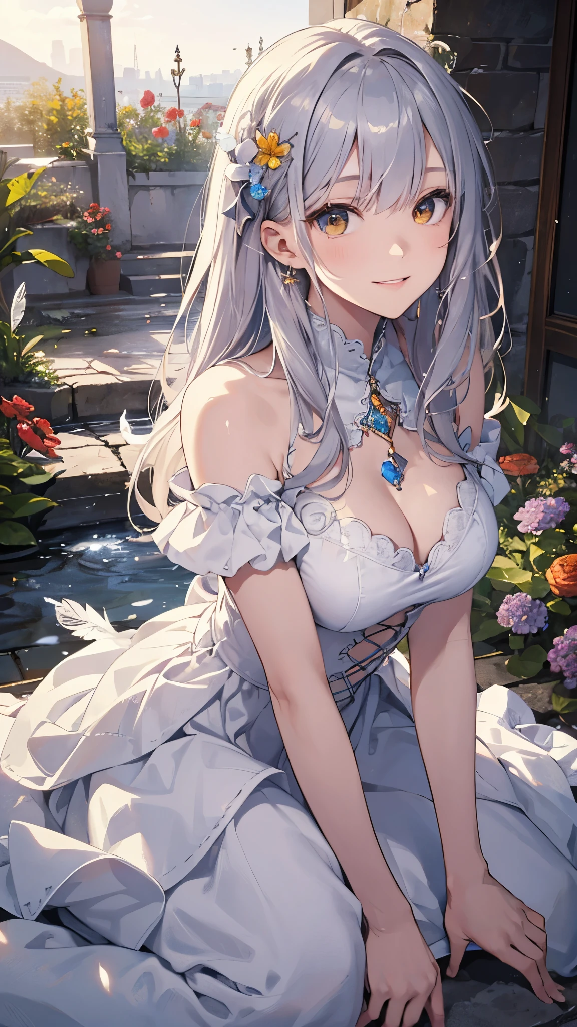 masterpiece、Highest quality、High resolution、High-quality images、8K, 、Skin Radiance、Texture of skin and clothing、Expression of fine eyes、Shining silver hair、Long Hair Girl、dress, Beautiful bright yellow eyes, Fuller lips, Gorgeous face with attention to detail, (Cute Smile), charm, Innocent, Side view, (Perfectly detailed face), (Beautiful Hands) Photorealistic images, Written boundary depth, flower、sun、Big Breasts、garden、、Feather ornament、White clothes、goddess