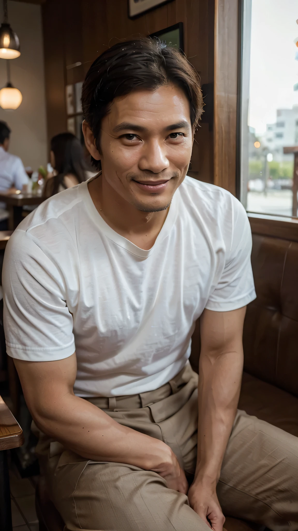 photorealistic,man,Thai person,45 years old,handsome,cool, sitting at the restaurant, smile, Looks delicious,Very delicious,Have lunch,realistically,sharp.