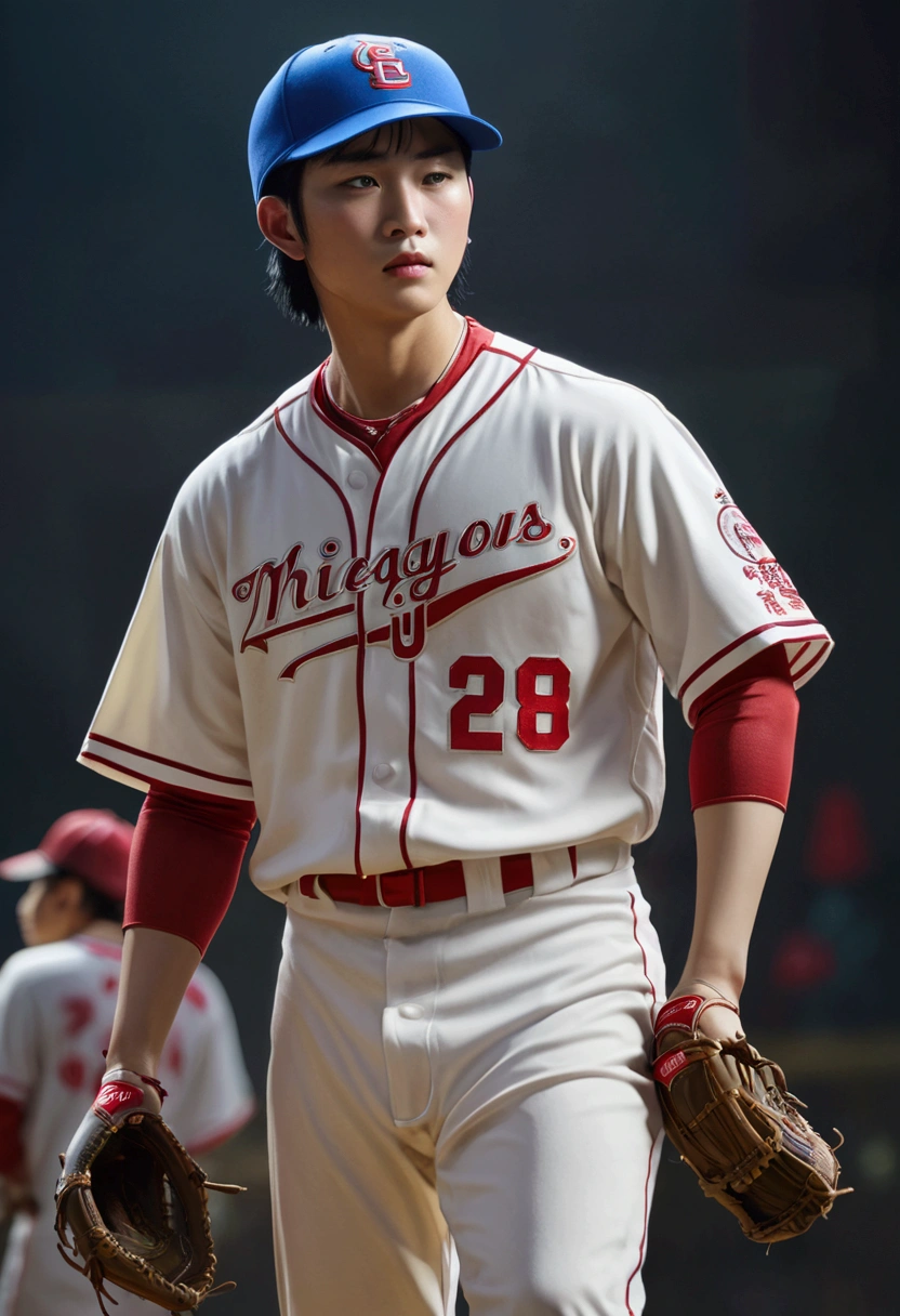 Baseball Player, by zhang daqian and Gu_An and Lü_Ji and Zhang Jingna and wenjun lin, full body, cinematic still, cinemascope, (best quality, masterpiece), very aesthetic, perfect composition, intricate details, ultra-detailed, vivid colors