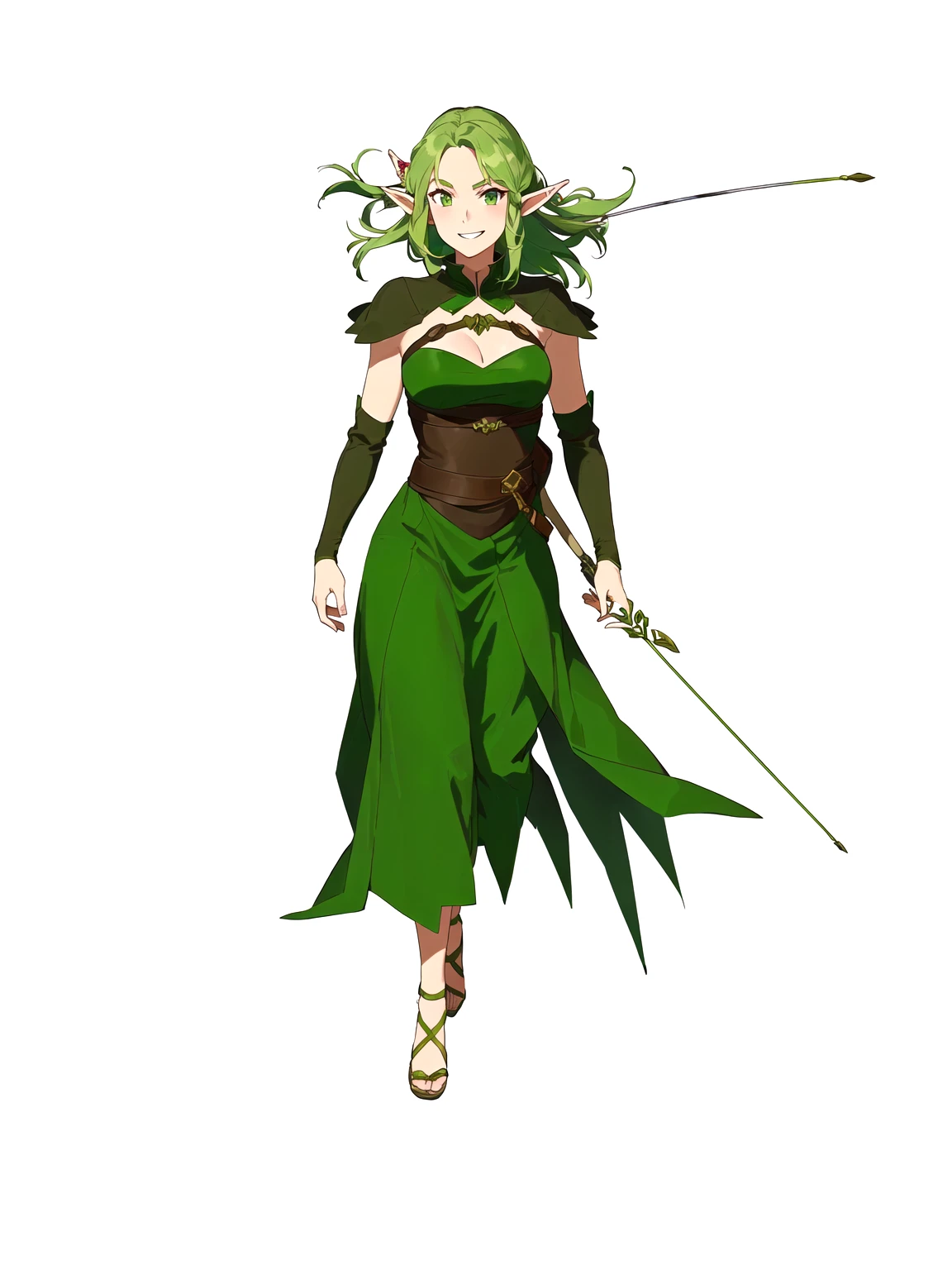 Anime, 1girl, 1woman, there is a woman dressed in a green dress with a bow and arrow, female forest archer, wood elf, (((mad))) elf princess, forest hunter lady, female elfling, female earth mage, female elf, beautiful wood elf, half elf woman, elven princess, elven warrior princess, elf princess knight, elf princess, female druid, forest dryad, (her right eye was closed, her left eye was open, her eyebrows were furrowed, she was laughing)