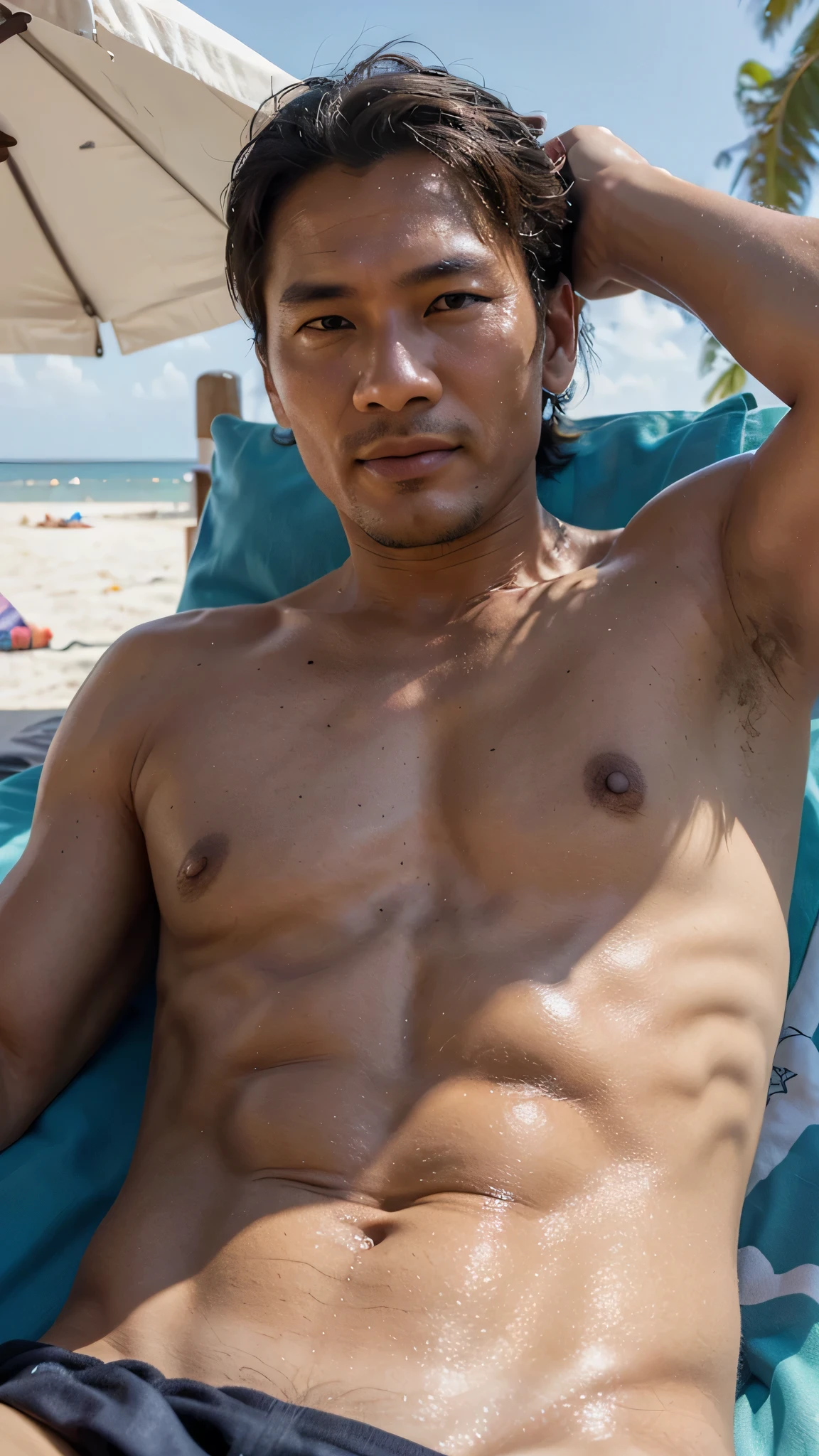 photorealistic,man,Thai person,45 years old,handsome,cool, laying on the hammock on the beach, sleeping, Looks delicious,Very delicious,Have lunch,realistically,sharp.