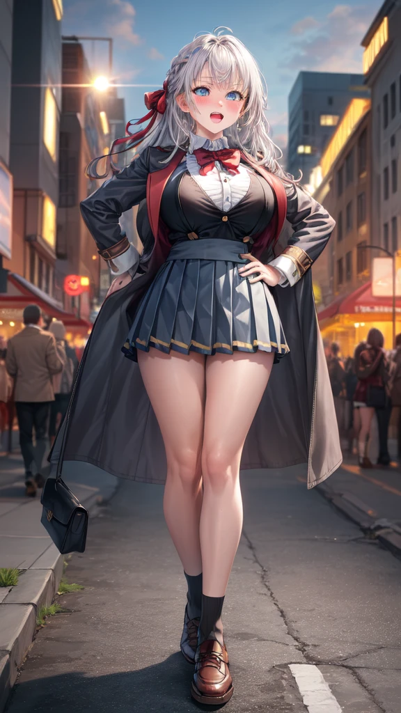 Alisa Kujou,
(day:1.7), 1 girl standing at attention, 20 years,young female,beautiful Finger, beautiful long legs ,beautiful body ,beautiful Nose ,beautiful character design, Perfect eyes, perfect face,
1 girl, Thighs, Alone, (very short skirt:1.4), Blue eyes, old, Jacket, shirt, , pleated skirt, white shirt, bow, hand on hip, blush, black Thighs, bowtie, inside, brown shoes, The Great Passage, moccasins, shoes, large old, whole body, looking at the viewer, Open mouth, thighs, bikini blue
looking at the viewer, In the center of the image, under the butt official art, Extremely detailed CG unity 8k wallpaper, Perfect lighting,showy, bright_forehead_face_Lightinasterpiece:1.0),(better_quality:1.0), ultra High resolution,4k,ultra detailed,
Photography, 8k, HDR, High resolution, absurdities:1.2, codas portrait, Film grain, blurred background, bokeh:1.2, Lens flare, (Vibrant_color:1.2)
, (beautiful_face:1.5),(narrow_waist), (beautiful,Huge_old:1.3)