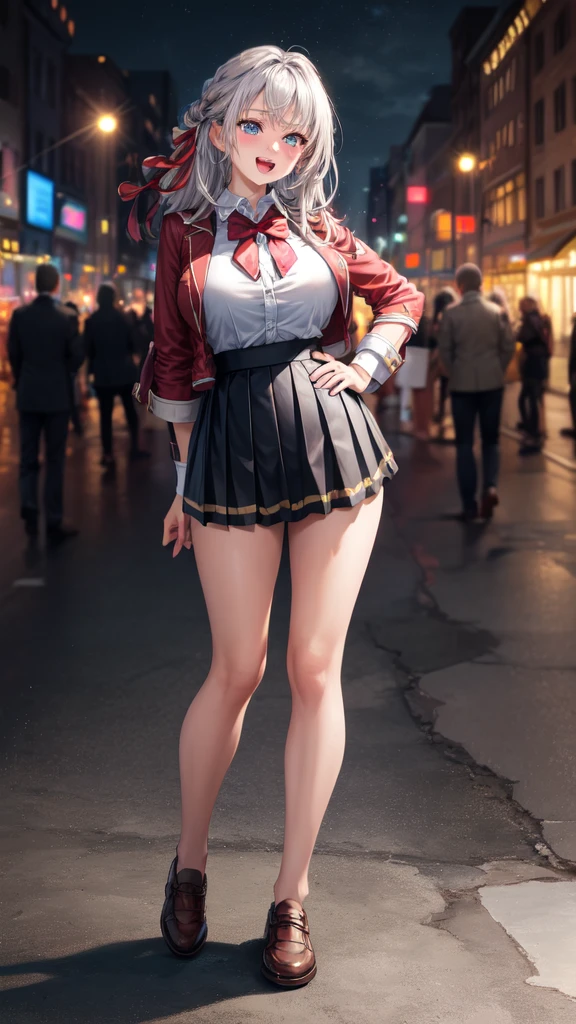 Alisa Kujou,
(day:1.7), 1 girl standing at attention, 20 years,young female,beautiful Finger, beautiful long legs ,beautiful body ,beautiful Nose ,beautiful character design, Perfect eyes, perfect face,
1 girl, Thighs, Alone, (very short skirt:1.4), Blue eyes, old, Jacket, shirt, , pleated skirt, white shirt, bow, hand on hip, blush, black Thighs, bowtie, inside, brown shoes, The Great Passage, moccasins, shoes, large old, whole body, looking at the viewer, Open mouth, thighs, bikini blue
looking at the viewer, In the center of the image, under the butt official art, Extremely detailed CG unity 8k wallpaper, Perfect lighting,showy, bright_forehead_face_Lightinasterpiece:1.0),(better_quality:1.0), ultra High resolution,4k,ultra detailed,
Photography, 8k, HDR, High resolution, absurdities:1.2, codas portrait, Film grain, blurred background, bokeh:1.2, Lens flare, (Vibrant_color:1.2)
, (beautiful_face:1.5),(narrow_waist), (beautiful,Huge_old:1.3)