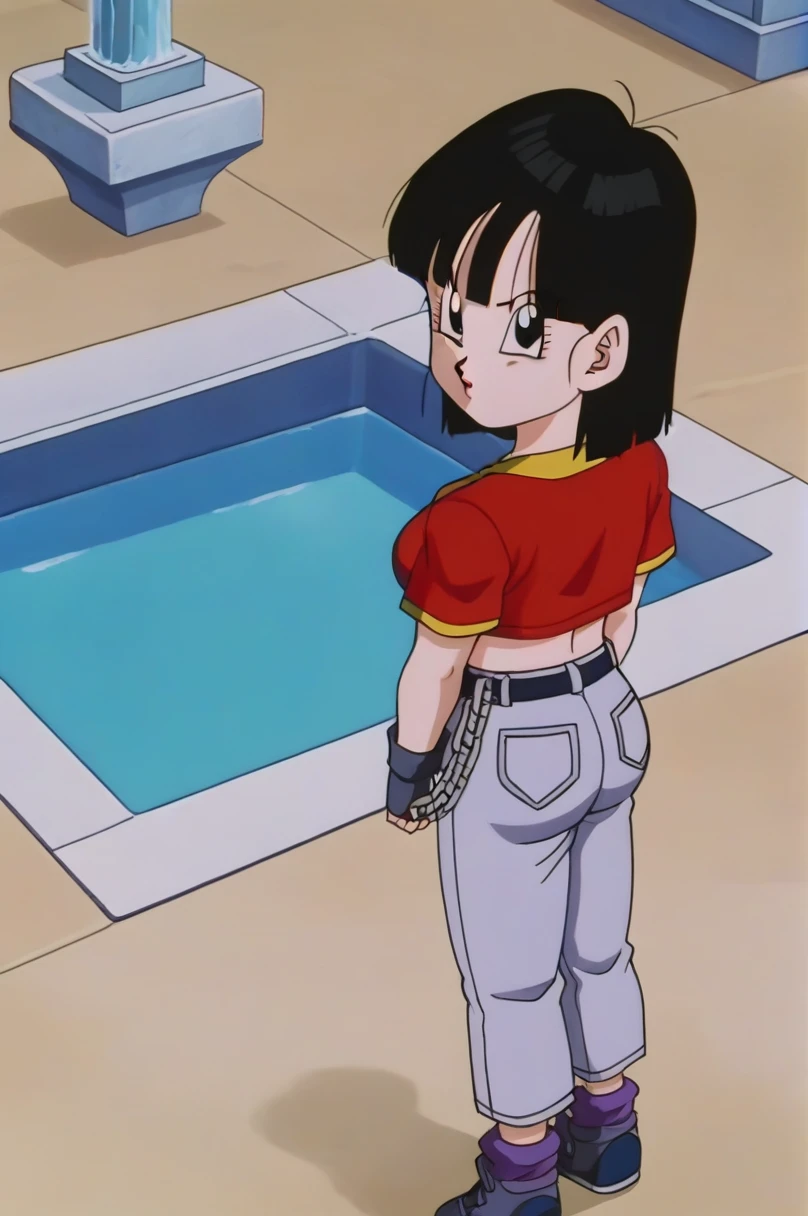 fountain_cheered up, score_9, score_8_above, score_7_above, cheered up screencap,8k, absurd resolution,
Pan \(Dragon Ball\), 1 girl, Alone, looking at the viewer, short hair, hits, black fur, session, whole body, black eyes, chain, denim, orange scarf, retro artStyle, female , v shaped eyebrows, from below, rock, diaphragm, clavicle, 1990s \(Style\), sexy body, medium ass, medium tits, sexy ass, medium breasts, underwear, sexy nude
