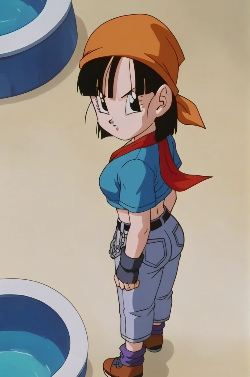 fountain_cheered up, score_9, score_8_above, score_7_above, cheered up screencap,8k, absurd resolution,
Pan \(Dragon Ball\), 1 girl, Alone, looking at the viewer, short hair, hits, black fur, session, whole body, black eyes, chain, denim, orange scarf, retro artStyle, female , v shaped eyebrows, from below, rock, diaphragm, clavicle, 1990s \(Style\), sexy body, medium ass, medium tits, sexy ass, medium breasts, underwear, sexy nude