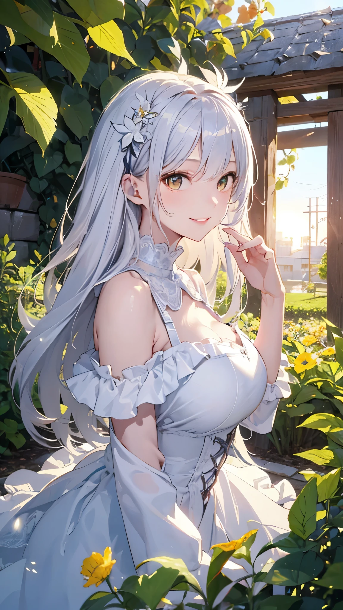masterpiece、Highest quality、High resolution、High-quality images、8K, 、Skin Radiance、Texture of skin and clothing、Expression of fine eyes、Shining silver hair、Long Hair Girl、dress, Beautiful bright yellow eyes, Fuller lips, Gorgeous face with attention to detail, (Cute Smile), charm, Innocent, Side view, (Perfectly detailed face), (Beautiful Hands) Photorealistic images, Written boundary depth, flower、sun、Big Breasts、garden、、Feather ornament、White clothes、goddess