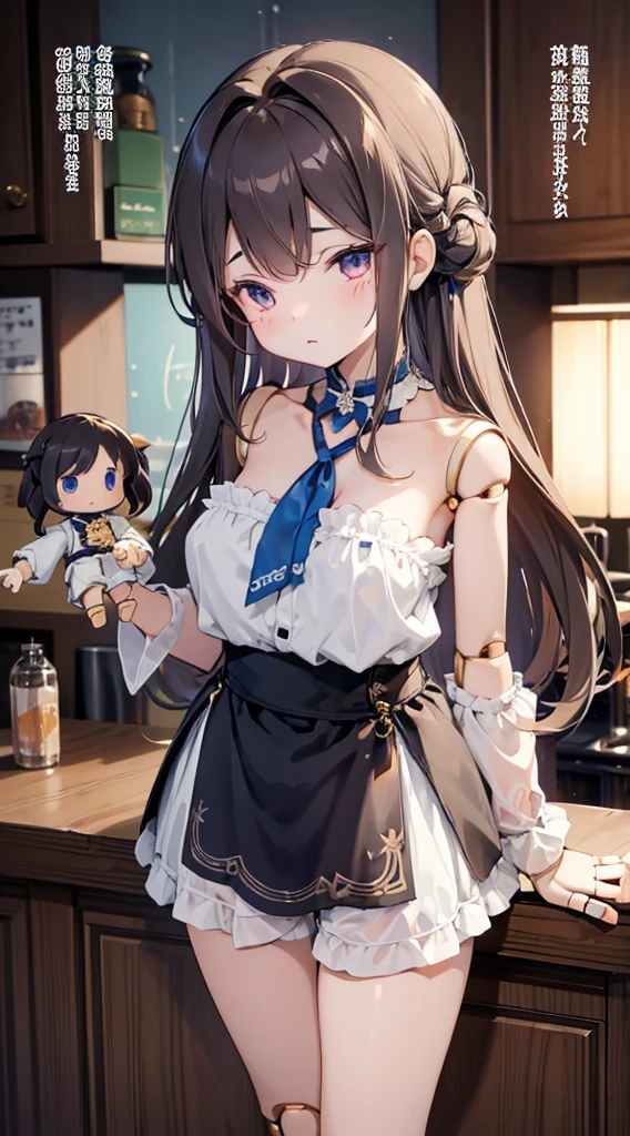 Doll girl,Puppet joints,Globular joints,Puppet joints,Puppet joints,Puppet Expression,Dull expression,Eyes without highlights,Lifeless eyes,Stiff eyes,Stiff movements,Cafe scene,Interior scene,裸露arm,knee,arm,thigh,Close-up above the waist