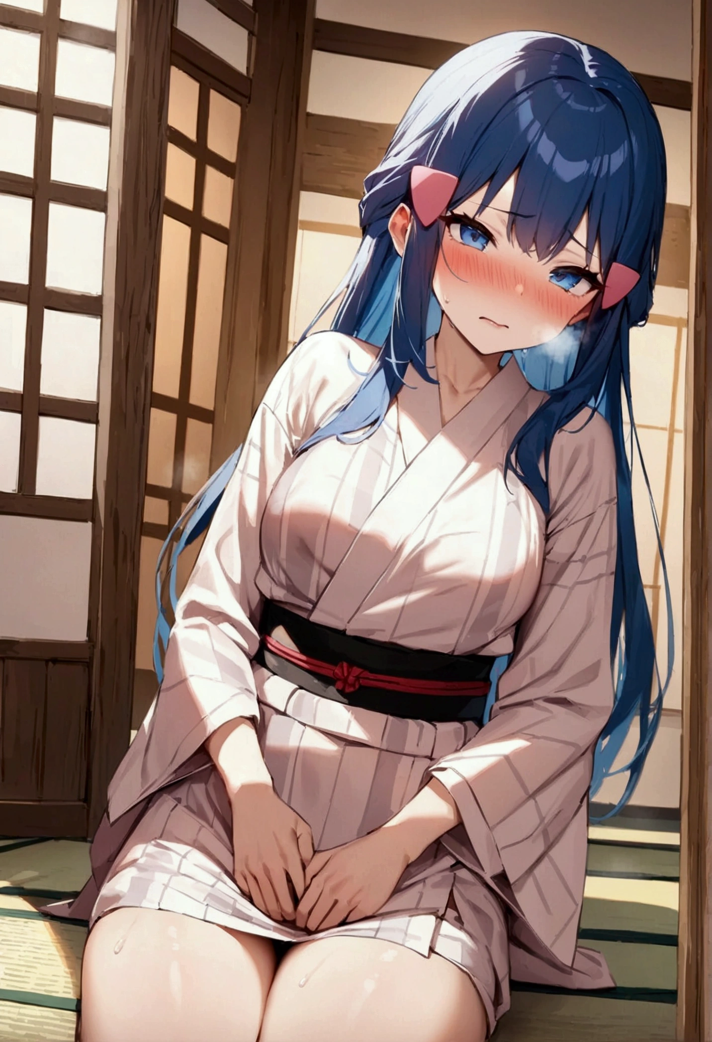 NSFW,masterpiece,Highest quality,High resolution,Super detailed,dawn_\(pokemon\),blue eyes, Blue Hair, Long Hair, Side Lock, Hair Clip,High-quality yukata,Embarrassed,blush,hostel,Japanese-style room,tatami,Hypnosis,brainwashing