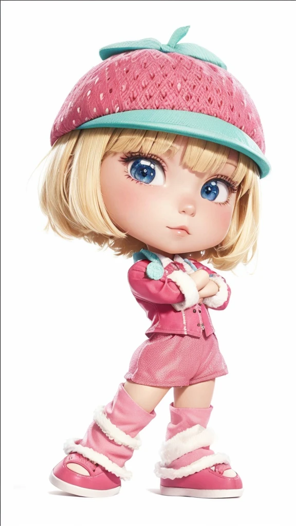 A , with short blonde hair, with strawberry hat on head, with pink clothing set