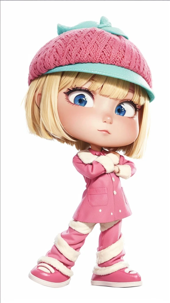 A , with short blonde hair, with strawberry hat on head, with pink clothing set